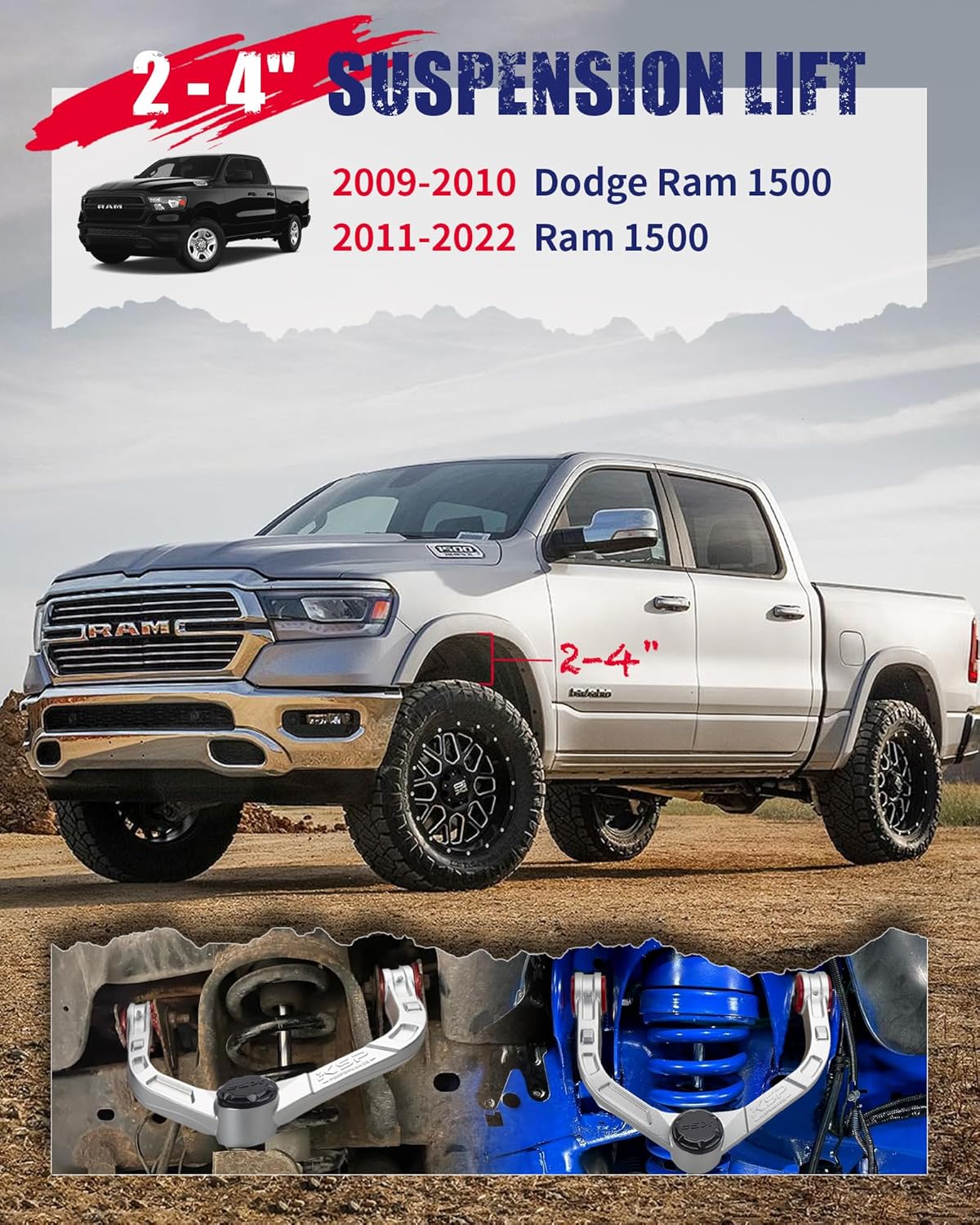 KSP 2-4" Ram 1500 Forged Upper Control Arms, Adjustable Aluminum Front UCA Fit Dodge Ram 1500 2009-2022, 2pcs One-piece Design Silver Aftermarket Control Arms With Greasable Ball Joint