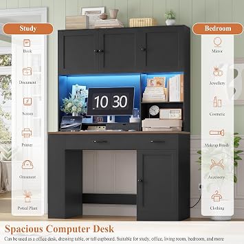 FirFurd Black Desk with Drawers Computer Desk with Storage Shelves & LED | Study Table with Power Outlet, USB Port, Remote Control LED, Dressing Desk, Writing Table for Home Office Wooden 120x48x165cm