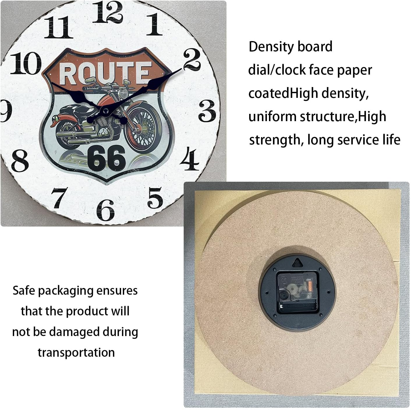Motorcycle Wooden Clock 14 Inch Route 66 Wall Clocks Battery Operated Silent Clock Retro Wall Decor for Living Room Garage Man Cave
