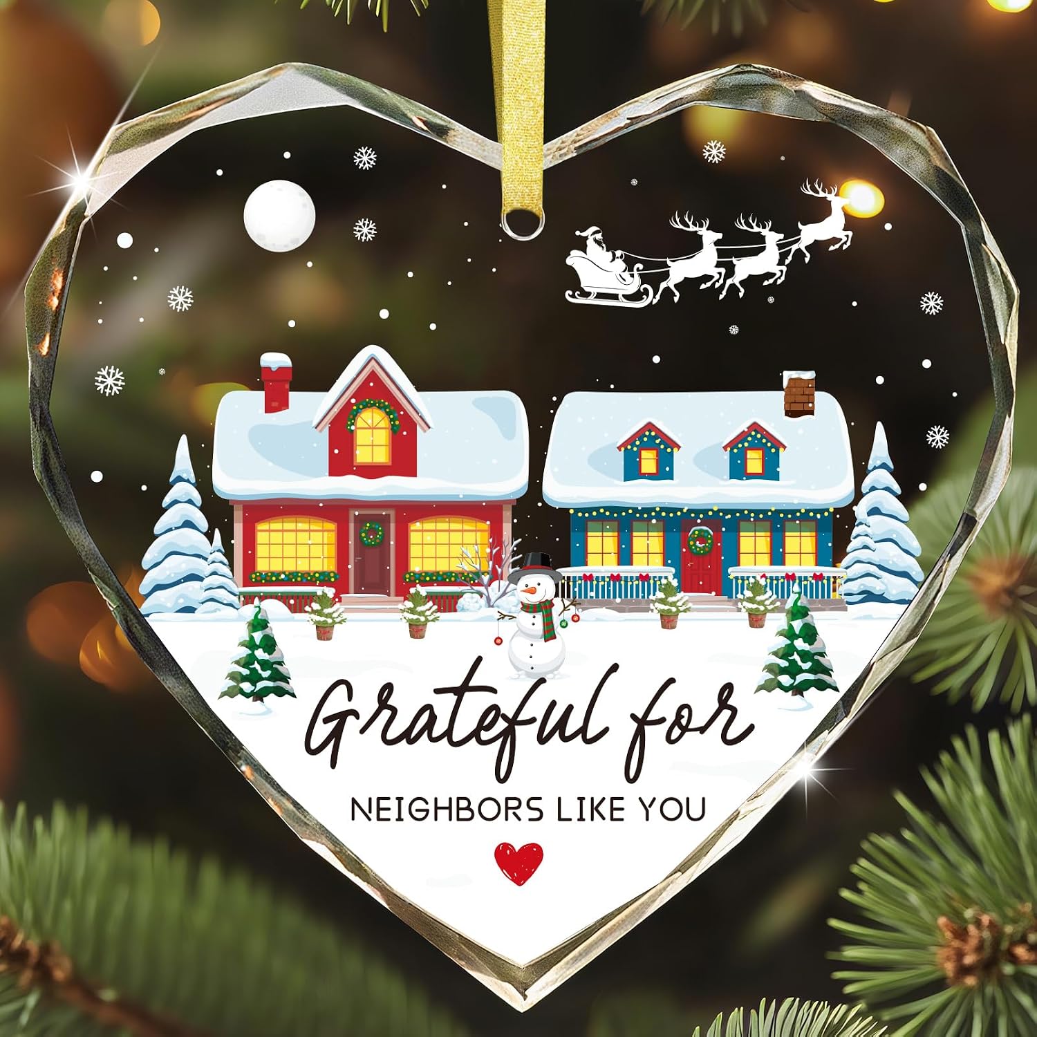 FaCraft Neighbor Gifts Christmas Ornaments 2026 - Xmas Birthday Good Gifts for Neighbors Best Friends Women Men The Neighbors Favor Grateful Heart Shaped Glass Ornament for Christmas Tree Decorations