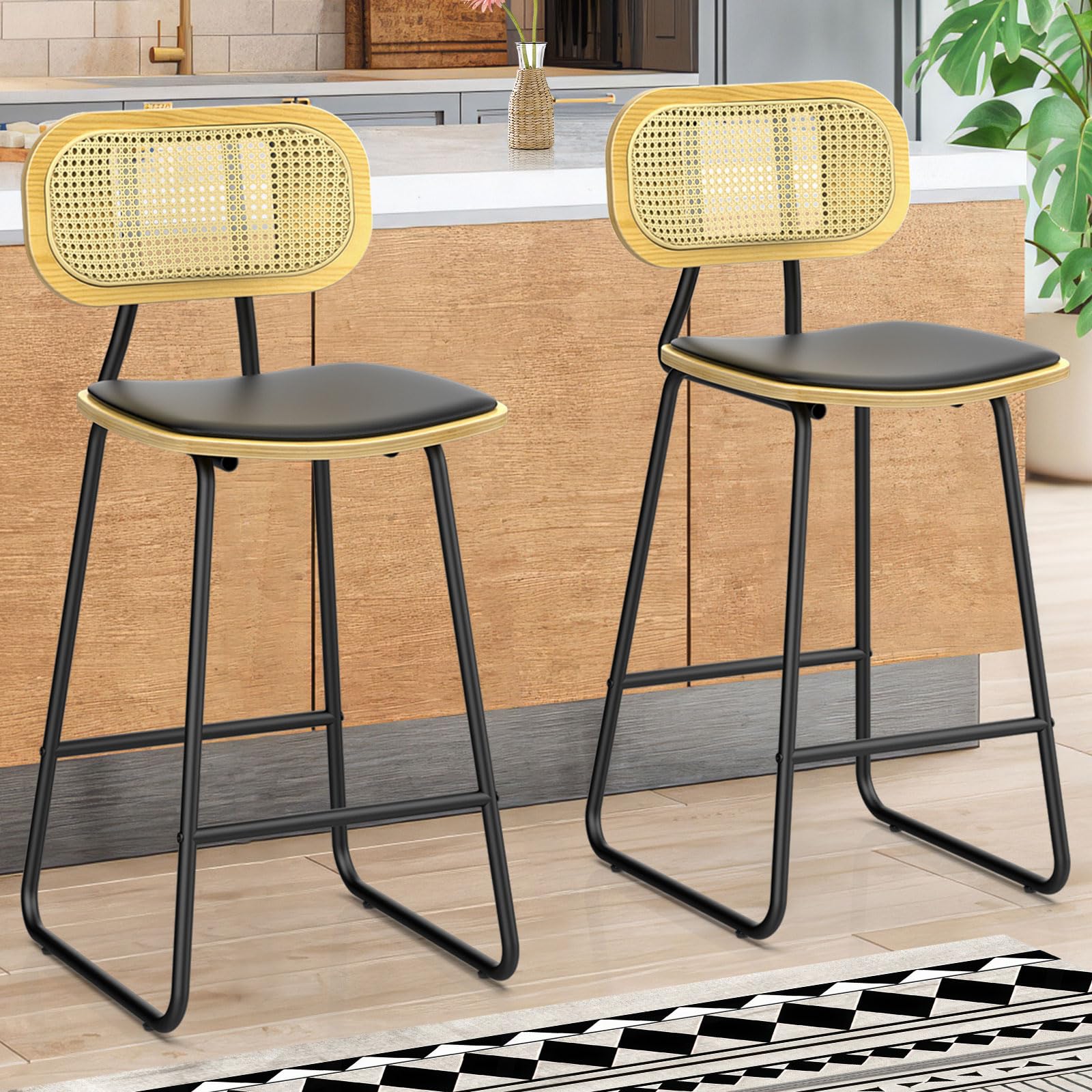 RaynesysCounter Height Barstools Set of 2, 26" Bar Stools with Rattan Back and Metal Legs, Dining Chairs with PU Leather Seat, Mid Century Modern Design for Kitchen and Restaurant, 26 inch