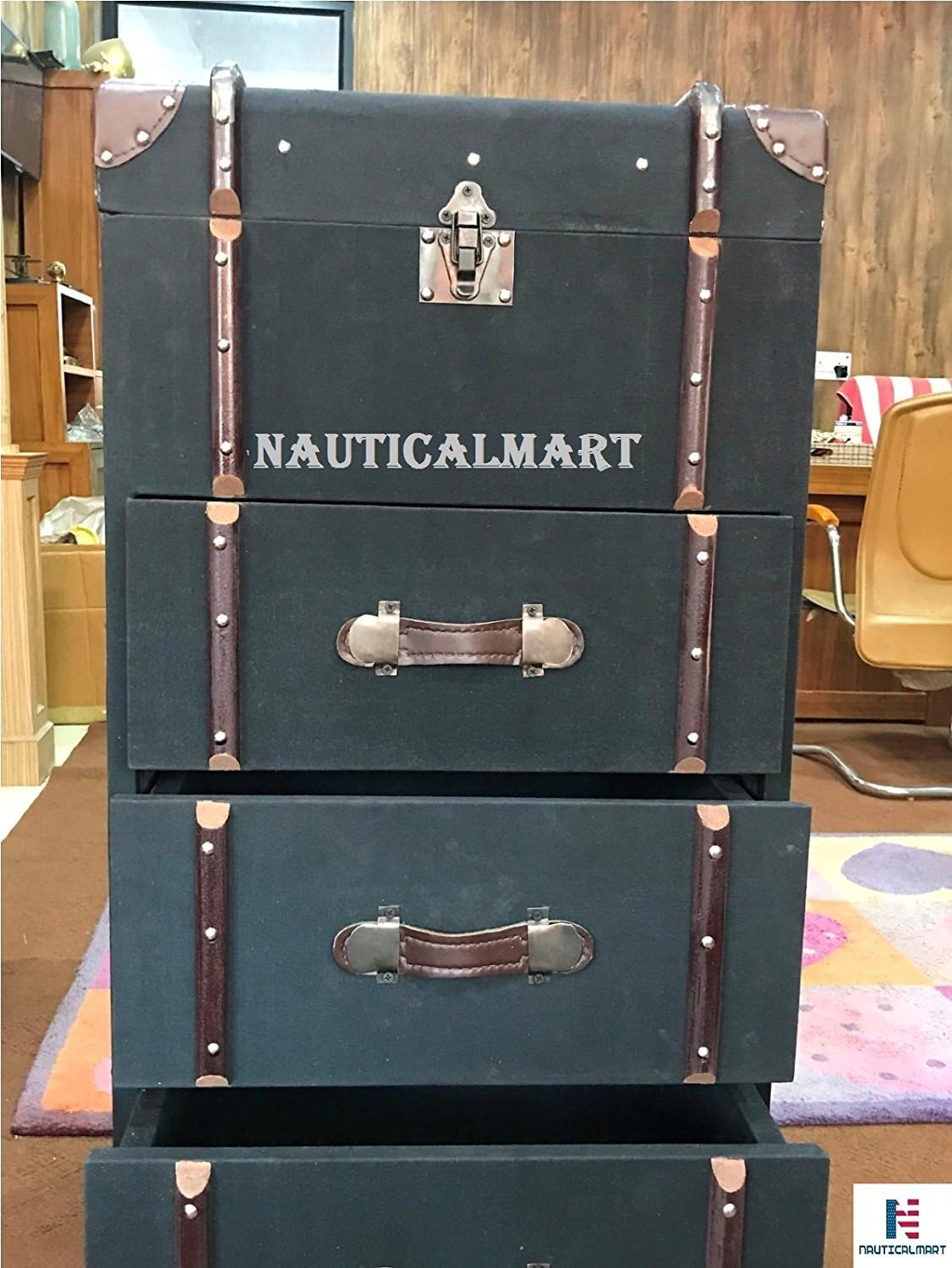 NauticalMart Wardrobe Trunk Faux Leather with Drawers Exclusive Furniture
