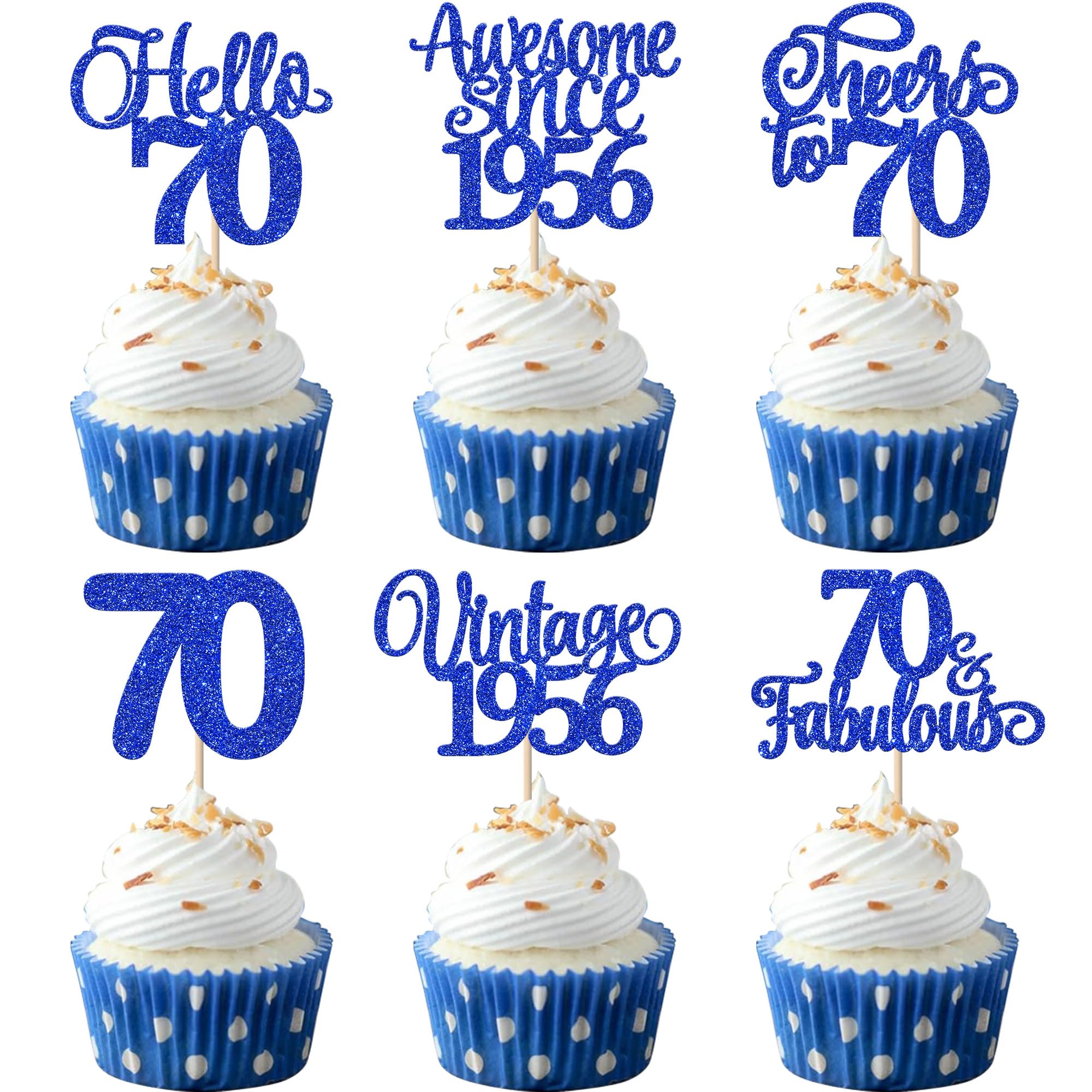 Xsstarmi 24 Pack Vintage 1956 Cupcake Toppers Glitter Blue Hello 70 Fabulous Seventy Cupcake Picks Cheers to 70 Years Birthday Cake Decorations for Happy 70th Birthday Anniversary Party Supplies