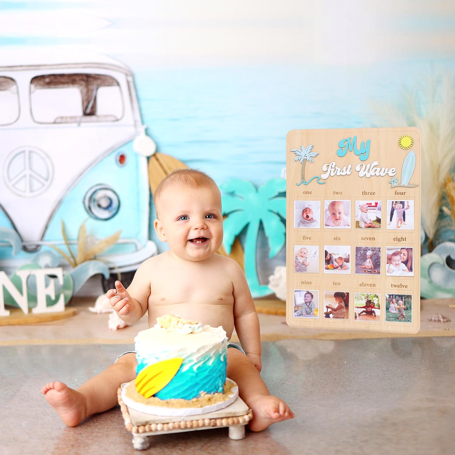My First Year One Year of Photo Board - The Big One Surf First Birthday Decoration,One Year of Photo Surf Board,Beach Themed First Monthly Milestone Photo Board Birthday Photo Sign