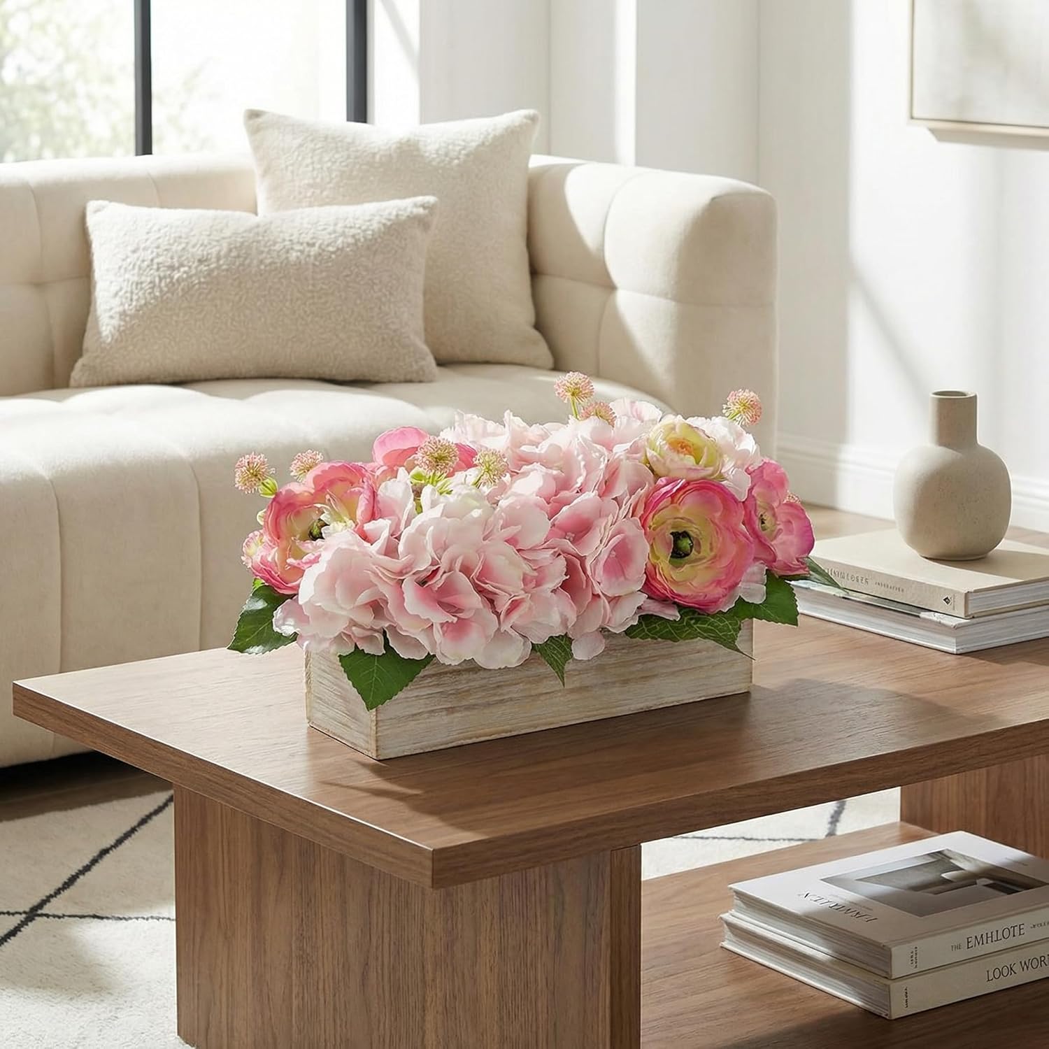 Pink Hydrangea Artificial Flowers in Wooden Pot Faux Silk Hydrangea Flowers Potted Fake Flower Floral Arrangement Centerpiece for Dining Table Home Shelf Wedding Farmhouse Kitchen Indoor Decor