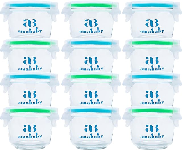 Amababy Premium Glass Food Storage Jars Baby Food Storage Jars 12 Pack Freezer, Microwave & Dishwasher Safe Airtight Locking Lids Store Meals, Snacks and Dips 150ml storage jars