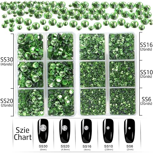 Miniatura 4 de LPBeads 6400 piezas de pedrería termoadhesiva peridoto con base plana, 5 tamaños mixtos, gemas de cristal redondas de vidrio con pinzas y lápiz para