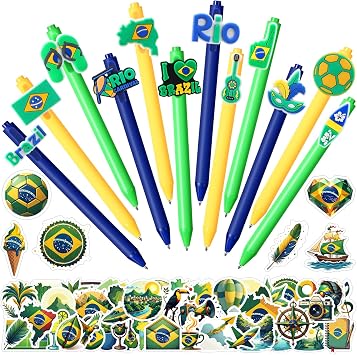 Brazil Souvenir Gifts Set,62pcs Brazilian Stickers & 12pcs Brazil Theme Ballpoint Pens