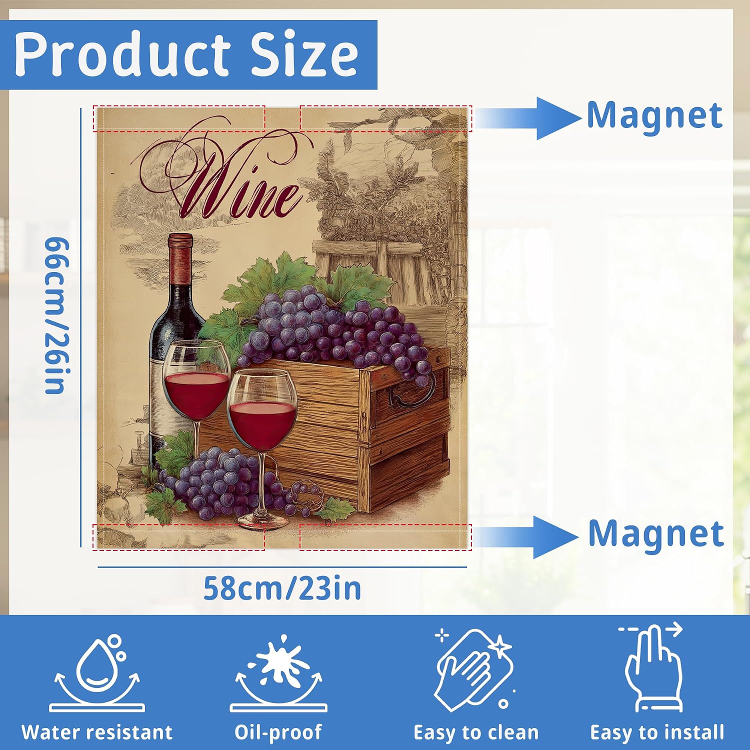 Red Wine Dishwasher Magnets Cover for Kitchen Decor,Vintage Color Refrigerator Magnet Panel,Washable Reusable Appliance Front Cover for Housewarming Gifts,23 x 26 Inch image 2