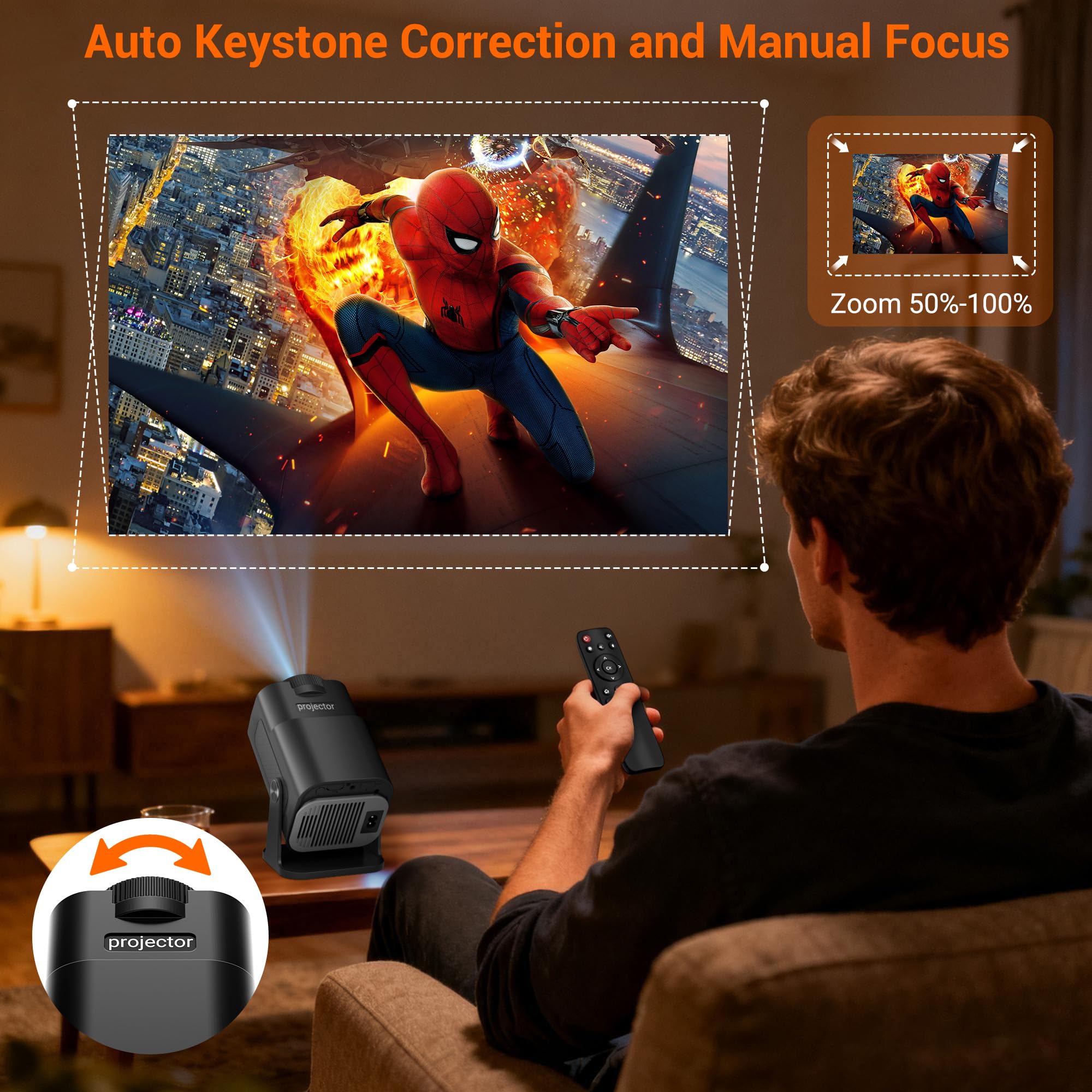 Proyector Mini, 4K Ultra HD, 15000 Lúmenes, Sistema Android, Proyección Inalámbrica WiFi 2.4GHz/5GHz & BT, Interfaces HDMI/USB/AUX, 4 Modos de Proyección, Portátil para Cine en Casa, Dormitorio
