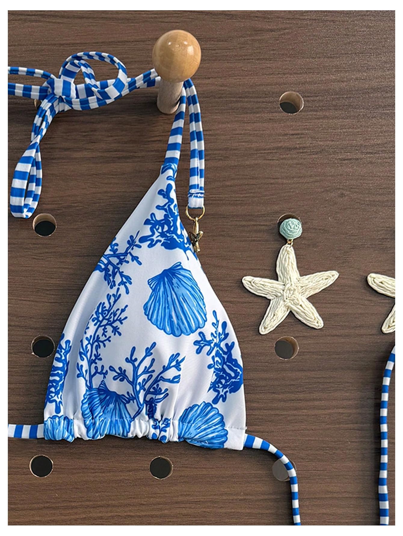Damski Dwuczęściowy Zestaw Bikini W Paski Kwiaty Wiązany Na Szyi Stringi Strój Kąpielowy Wysoko Wycięty Kostium Różowy I Fioletowy Średni