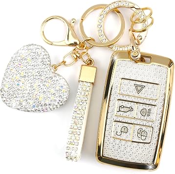 Key Fob Cover with Diamond Keychain Car Key Holder Compatible with Land Rover Range Rover Evoque Sport Vogue Discovery 5 Jaguar E I-PACE 2018-2023 Smart Key Protector for Women, White-Heart