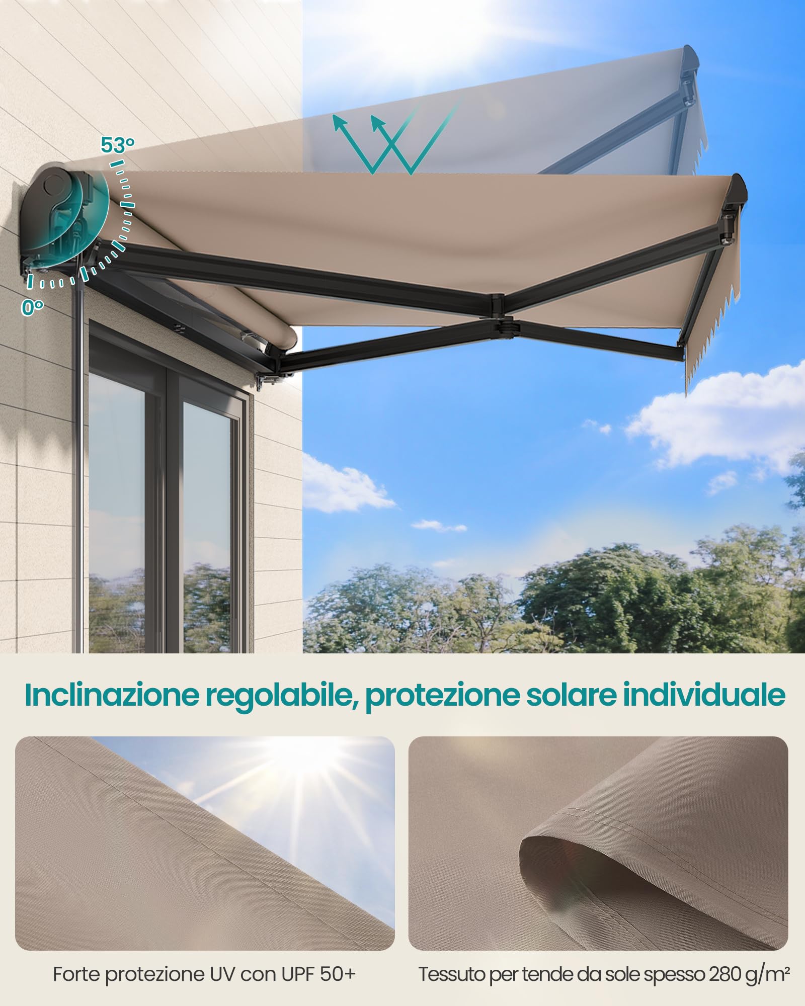 SONGMICS Tenda da Sole a Bracci Articolati 300 x 250 cm UPF 50+ Lega di Alluminio Marrone Giallastro
