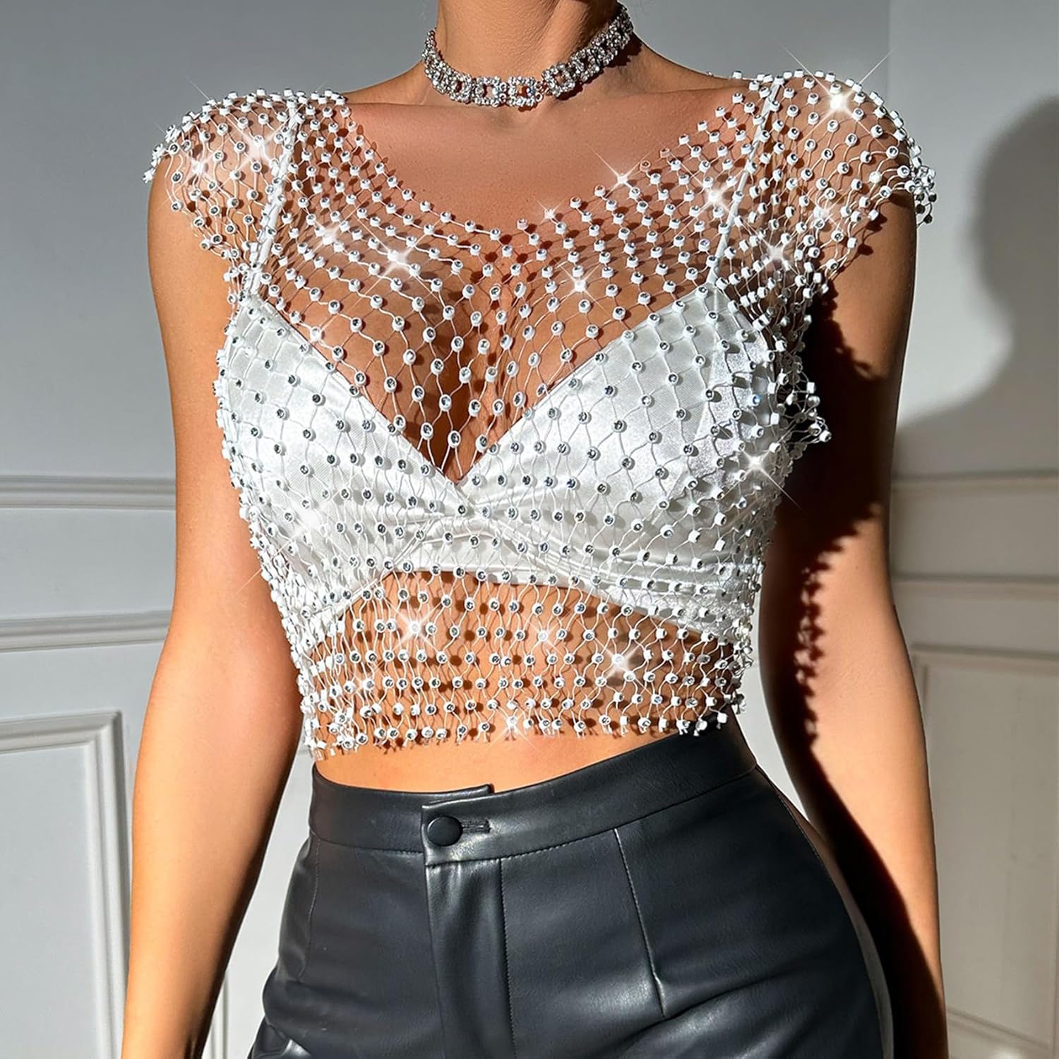 Rhinestone Crystal Crop Top, Long Sleeve Mesh Body Chains, See Through Mesh Diamond Fishnet Shirts Outfits - Image 5