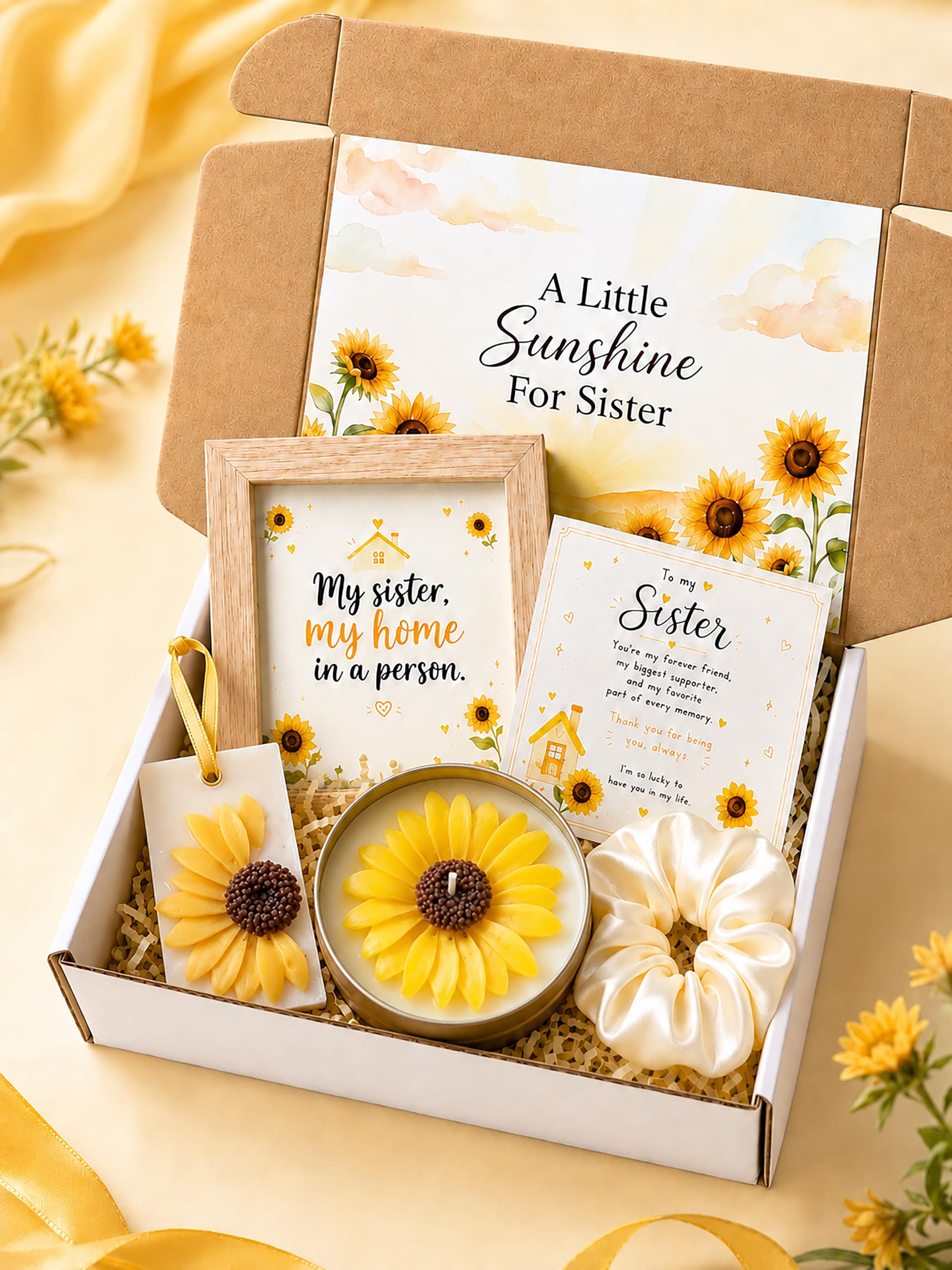 Sunflower Sister Gift Box for Women – Cute Sister Birthday Gift Hamper with Scented Candle, Satin Scrunchie, Decorative Photo Frame & Greeting Cards – Emotional Self Care Gift Set for Sister-image-19