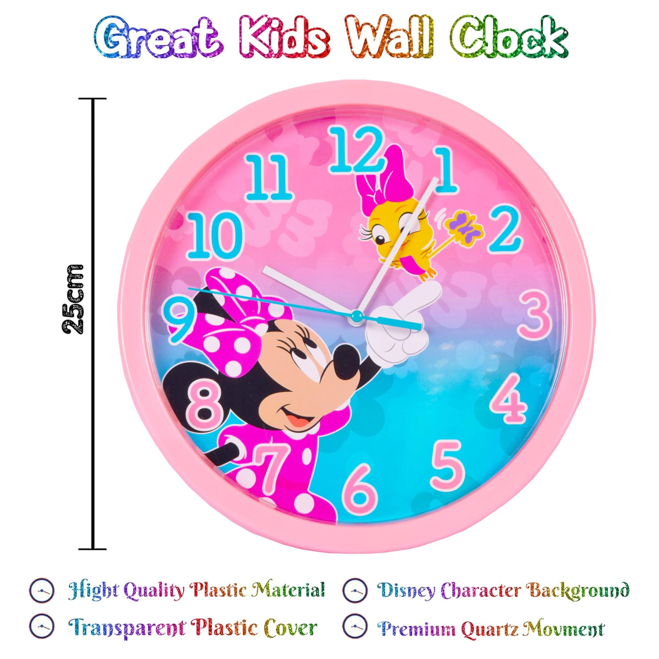 HOVUK Minnie Mouse Wall Mount Clock 25cm, Children's Watch, Battery Operated Large Number Easy to Read Wall Clock - Image 2