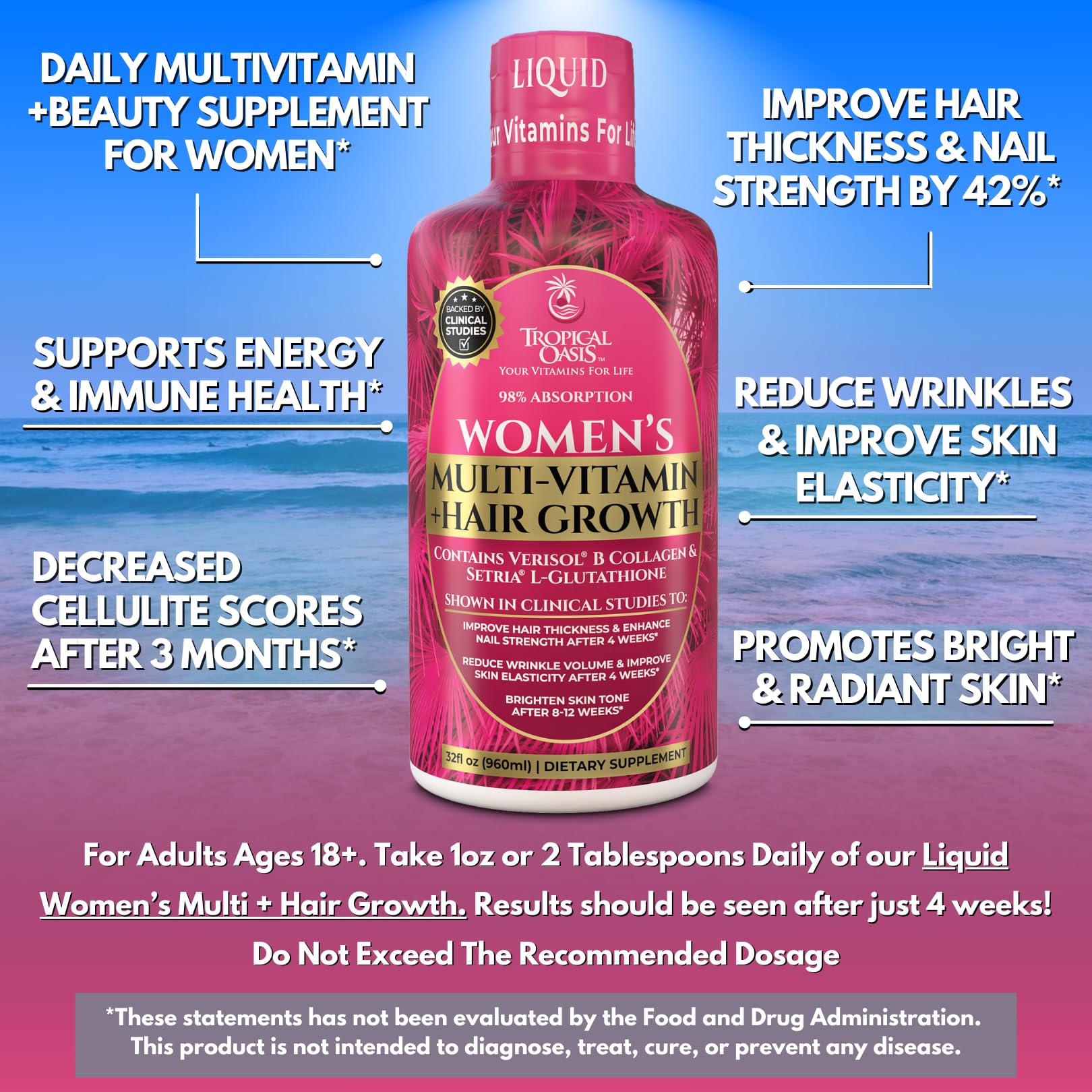 glutathione tropical oasis Amazon.com: Tropical Oasis Women's Liquid Multivitamin + Hair Growth |  Clinically Tested for Thicker Hair, Wrinkles, Brighter Skin, Strong Nails |  2.5g Verisol Collagen | Biotin 12500mcg
