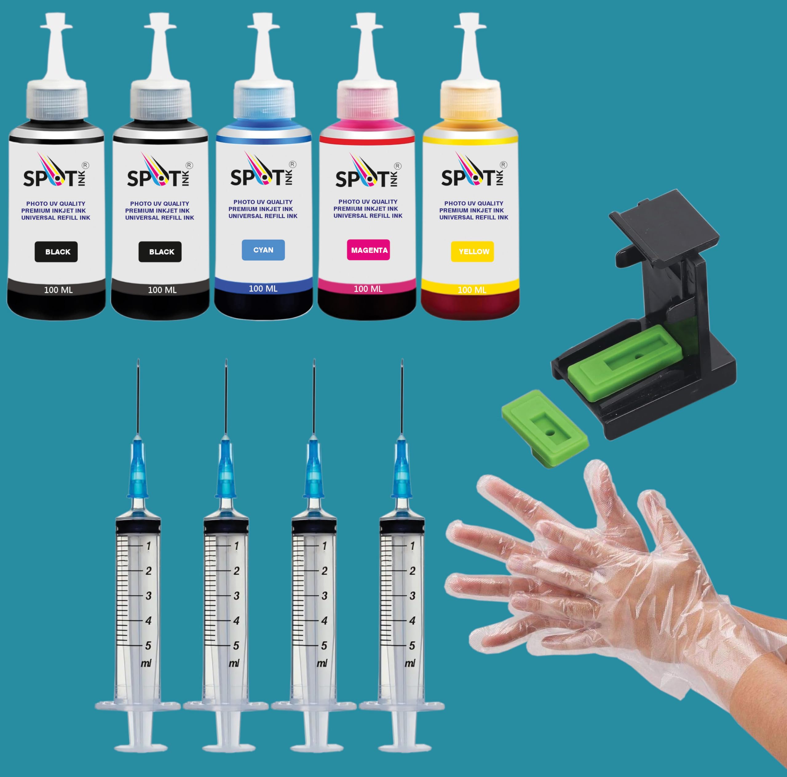 SPOTINK CMYKK Refill Kit with Suction Tool Combo Pack of High Yield Inkjet Cartridge Ink Refill Compatible Cartridge Printers - 100ml Per Bottle (Cyan, Magenta, Yellow, BlackX2)