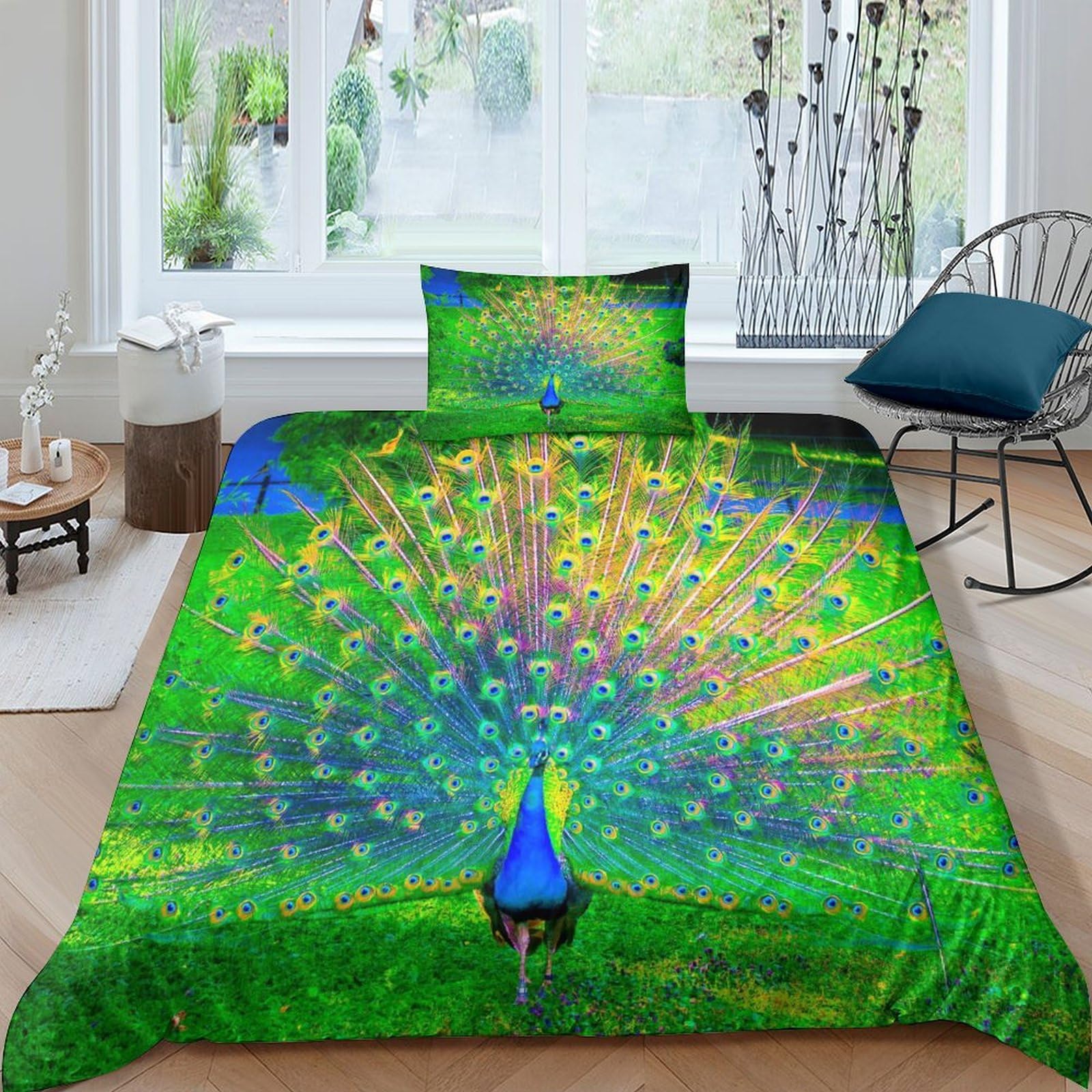 Housse de couette paon 3D parure de lit imprimé multicolore