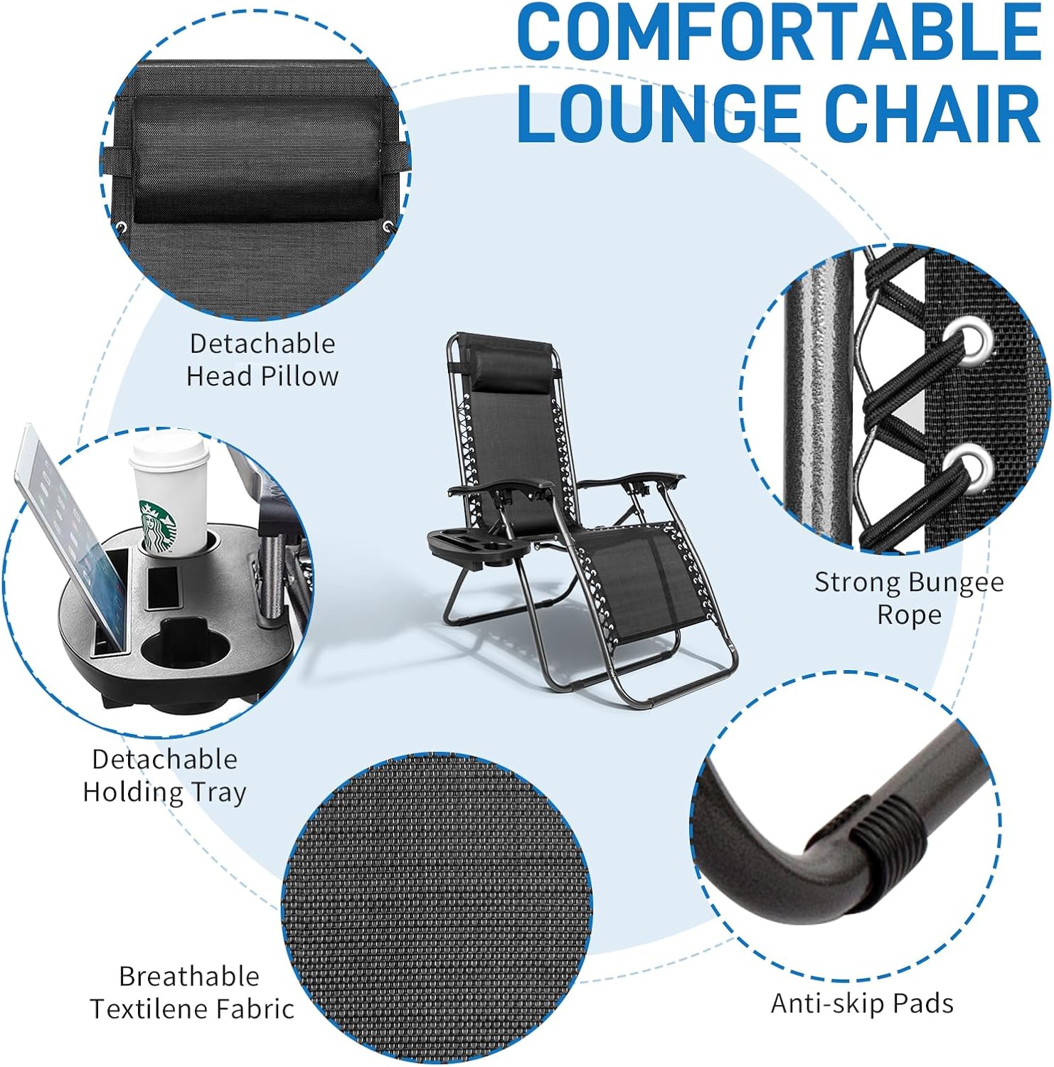 Bonnlo Zero Gravity Chair Set of 2 Patio Folding Lounge Chairs Outdoor Recliners with Pillow and Cup Holder Adjustable Reclining Lawn Chair for Deck,Patio,Beach,Yard (Black)