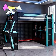 Full Size Gaming Loft Bed with Integrated Desk and LED Light, Modern Wood High Bed Frame with 6 Storage Cubbies, 6 Drawers and Safety Staircase for Teens Adults Gamer Black+Blue, Full