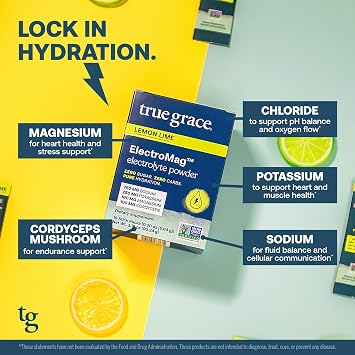 True Grace ElectroMag - 16 Stick Packs - Lemon Lime - Electrolyte Powder for Rapid Hydration - Sodium, Potassium, Magnesium & Cordyceps - Zero Sugar & Carbs - Non-GMO - 16 Total Servings