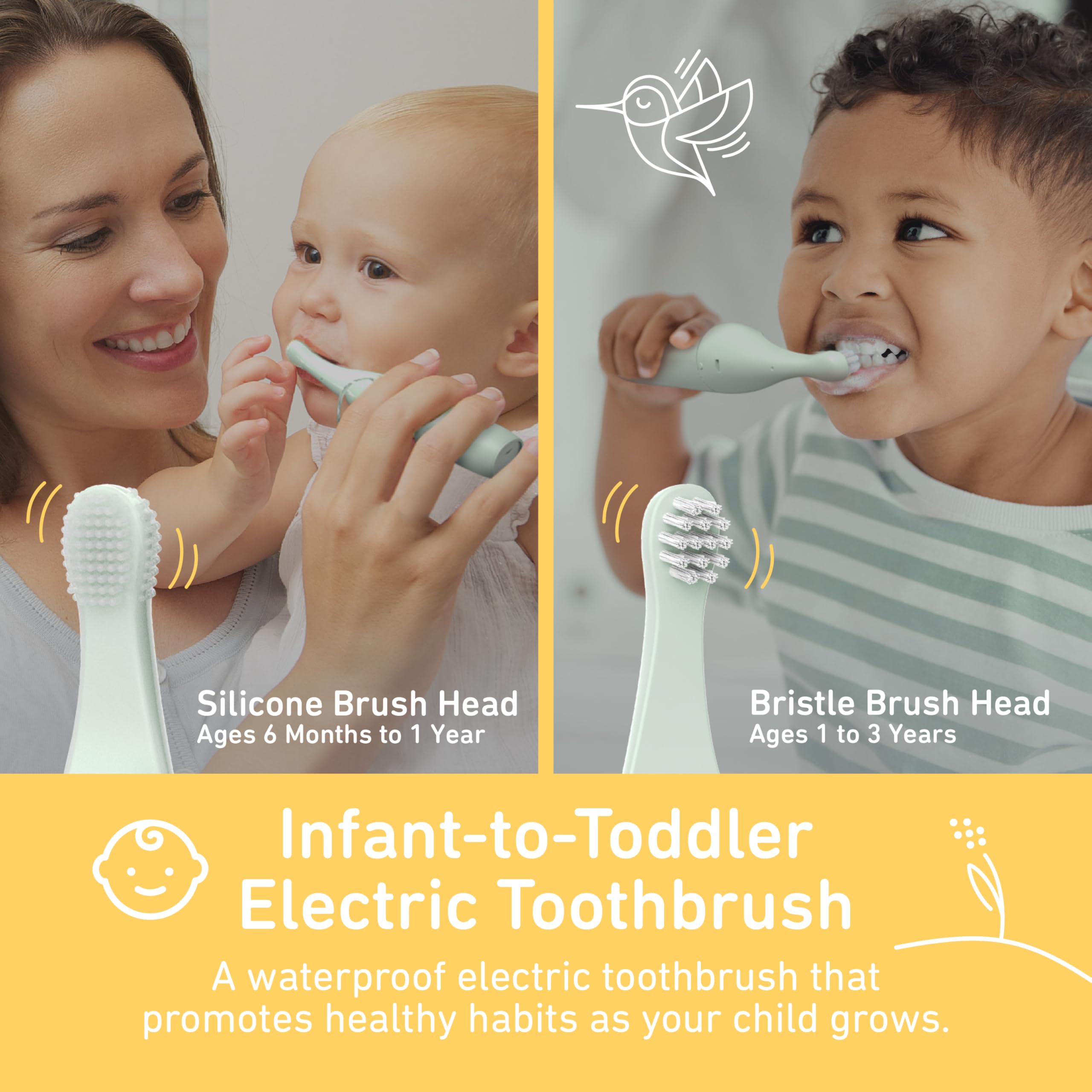 Pure Enrichment PureBaby - Spazzolino elettrico per neonati e bambini, impermeabile, con setole in silicone e setole in silicone, vibrazione sonora e timer, età 6-3 anni, colore: verde salvia