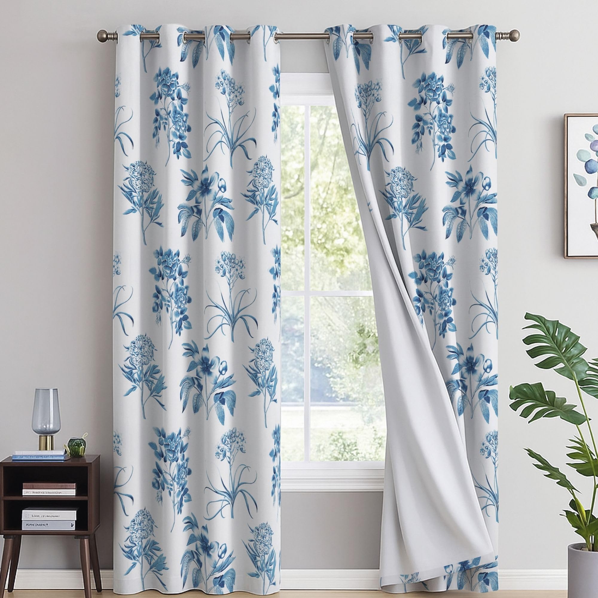 Eversoft Bedding Blue Floral Floral Blackout Curtains 2 Panels - 46" X 54" - Thermal Insulated & Soundproof Flower Print Eyelet Drapes For Small Windows