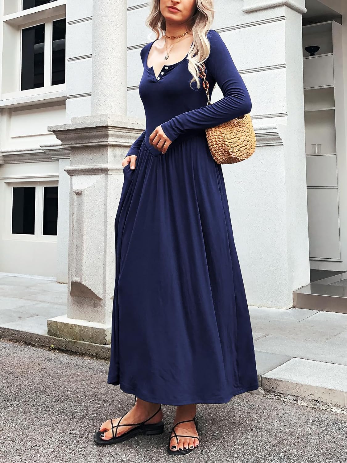 Long Sleeves Maxi Dress for Women A Line 2025 V Neck Casual Button Boho Tshirt Long Dress with Pockets - Image 2