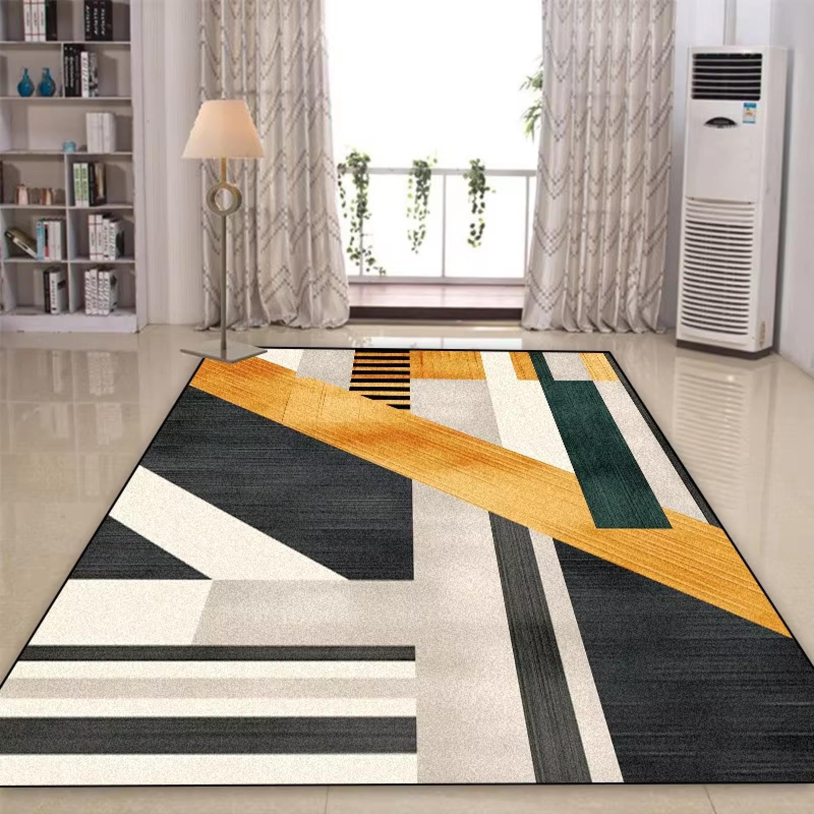 Tapis géométrique grand salon pour réchauffer un sol moderne