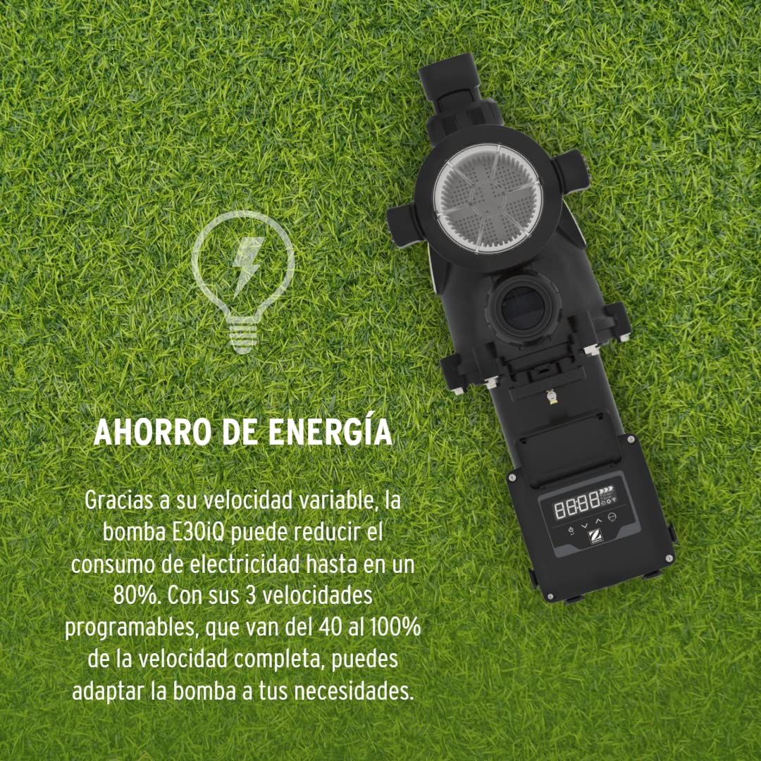 Zodiac E30 iQ 100 bomba de velocidad variable, recomendada para piscinas de hasta 80 m3, alta eficiencia energética en la filtración. Ahorra energía, silenciosa (-12dB) y control mediante una App