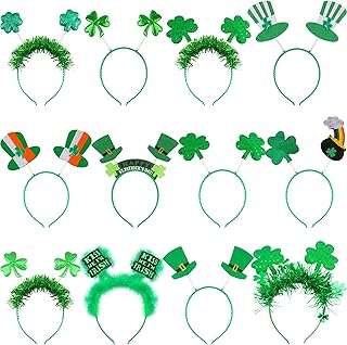 Fahacop 12 Pack St. Patricks Day Headband Green Clover Headbands Shamrock Hat Head Bopper for Saint Patrick Irish Day Party Headpieces