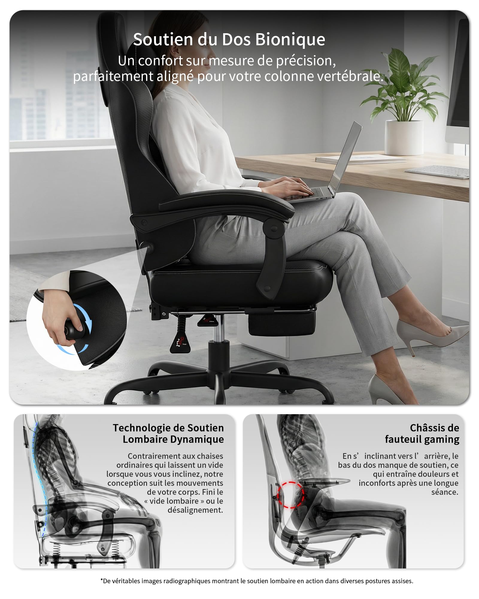 JUMMICO Chaise de Bureau Ergonomique avec Soutien Lombaire Dynamique & Repose-Pieds, Fauteuil Gaming pour Confort à Long Terme, Tissu Respirant pour Home Office, Noir