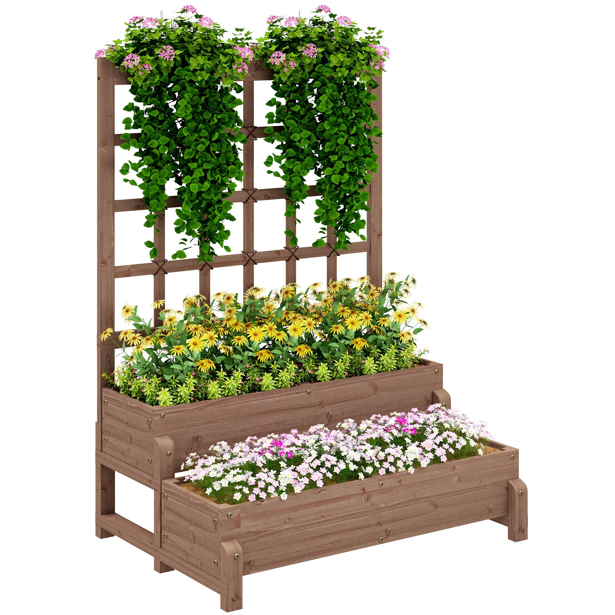 Outsunny 2-Tier Wooden Raised Bed with Trellis and Drainage Holes - Brown  | TJ Hughes