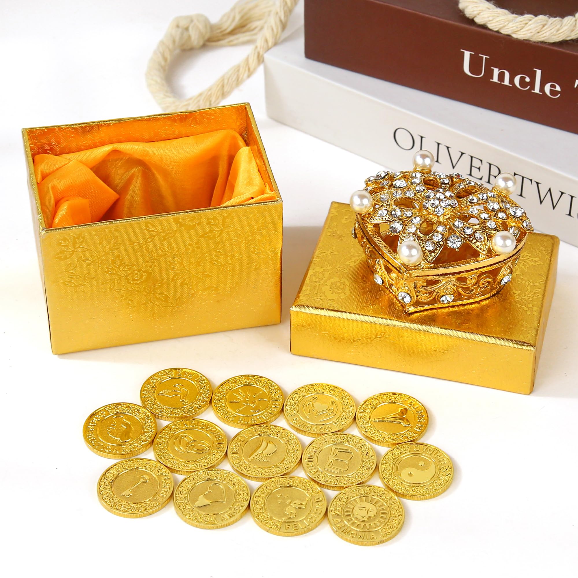 TINGKU Arras de Boda plata española boda Arras monedas en perla y corazón de cristal joyero unidad monedas conjunto (Gold)