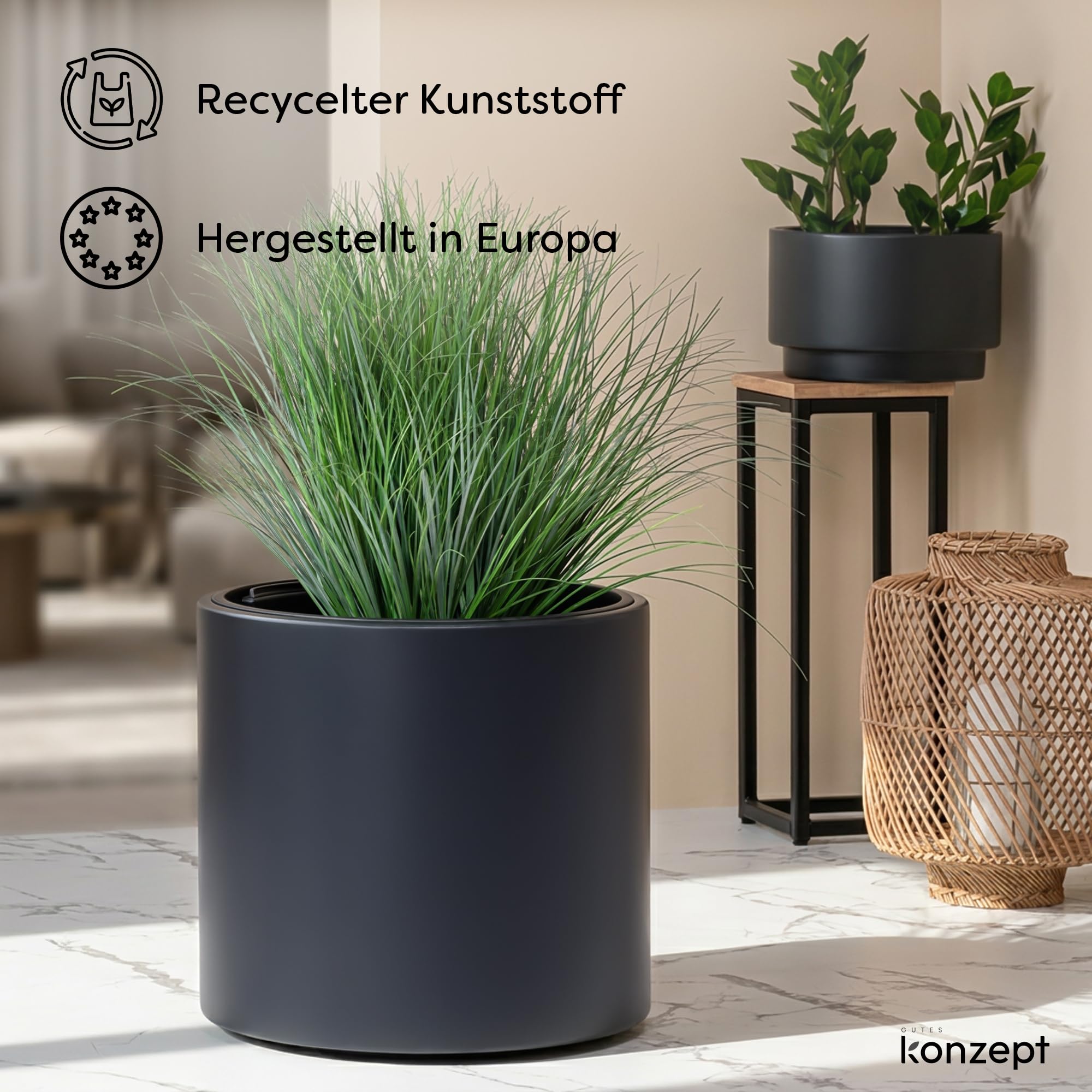 KONZEPT Pot de fleurs de 47 cm de diamètre avec insert - Grand pot extérieur 74 l - En plastique - Résistant aux UV et au gel - Résistant aux rayures - Pour l'intérieur, balcon, terrasse et jardin