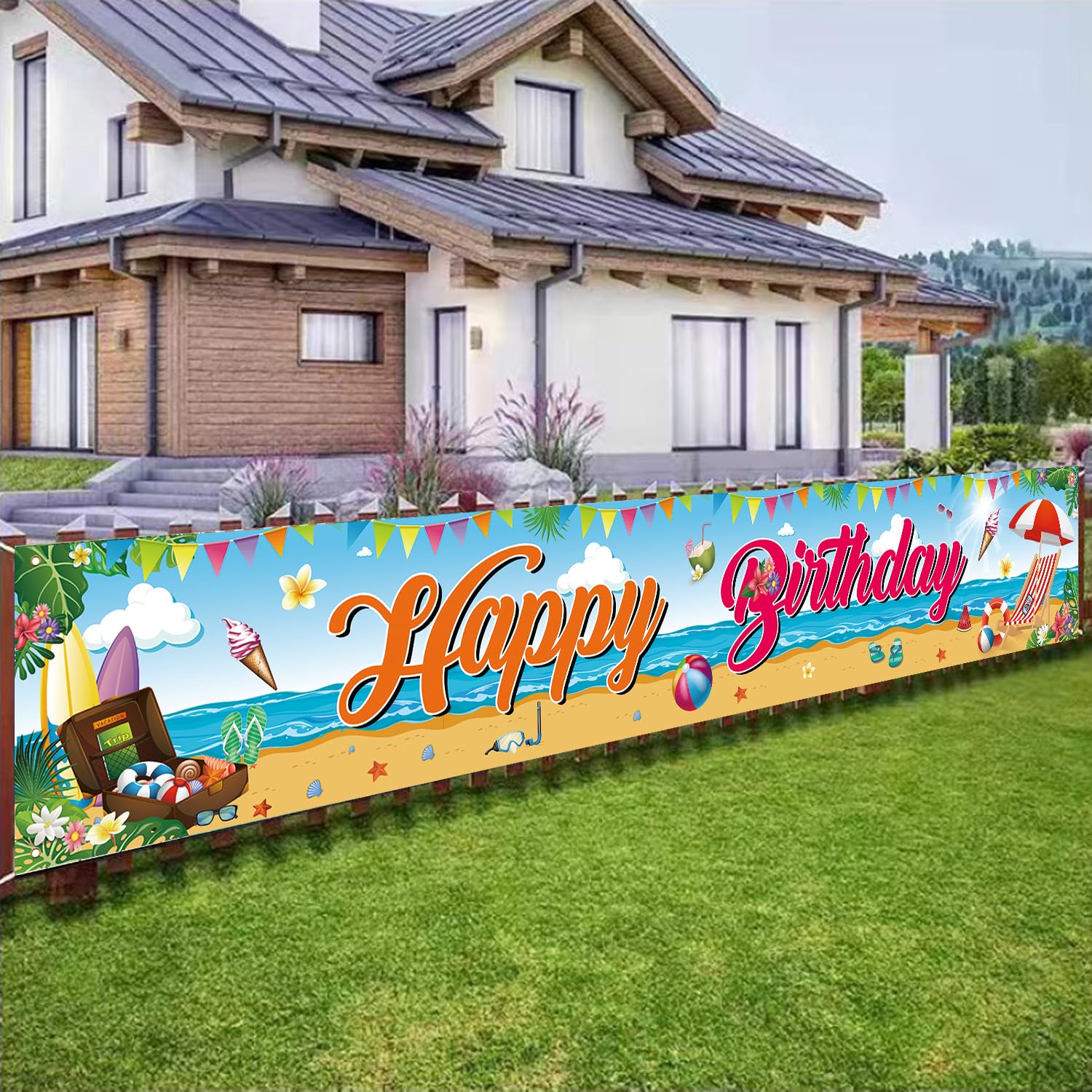 Pancarta de cumpleaños de verano, pancarta de feliz cumpleaños con temática de playa, decoración grande de fiesta de cumpleaños de playa, 118 x 20 pulgadas