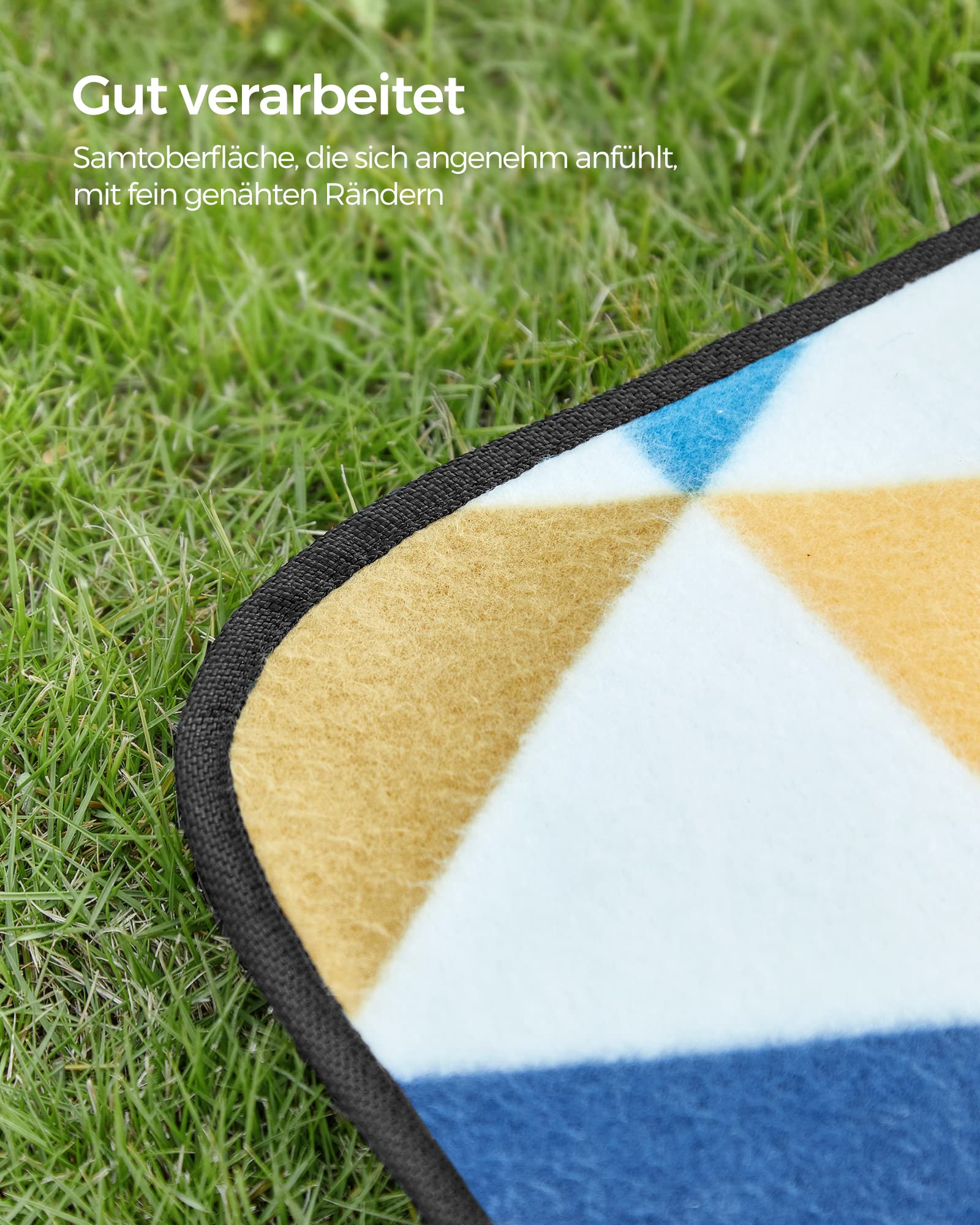 SONGMICS Picknickdecke, 200 x 200 cm, groß, Campingdecke, für Park, Garten, Strand, wasserdicht, faltbar, gelbe und Blaue Dreiecke GCM76S