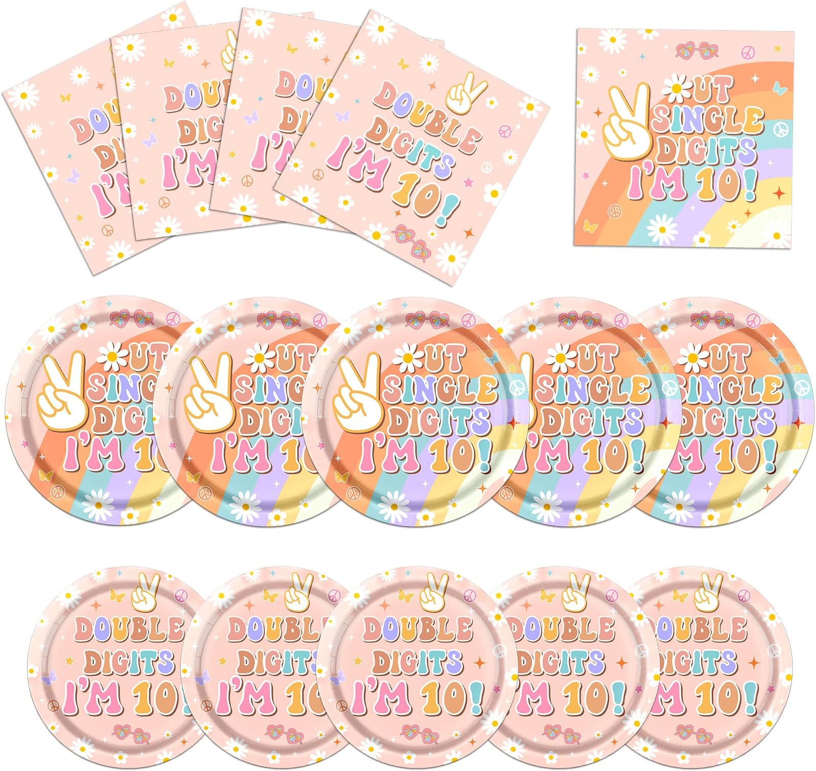 10th Birthday Decorations for Girl Tableware, 60 Pcs Peace Out Single Digits Party Decor incluedes Groovy Double Digits Birthday Girl Plates and Napkins, Peace Out Single Digits Plates and Napkins
