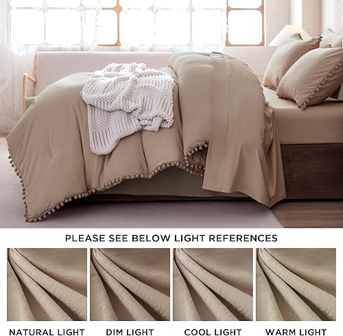 Miniatura 6 de Litanika Juego de edredón de tamaño matrimonial, color rosa, 3 piezas de color rosa rubor bohemio con pompones, ropa de cama ligera para todas las