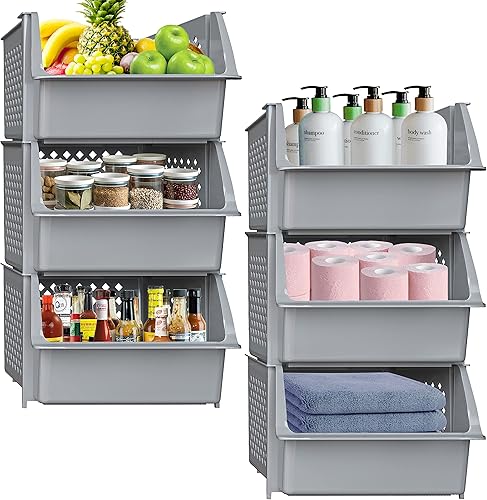 Miniatura 1 de Skywin Contenedores de almacenamiento apilables de plástico para despensa, paquete de 6 cubos apilables grises para organizar alimentos, cocina y