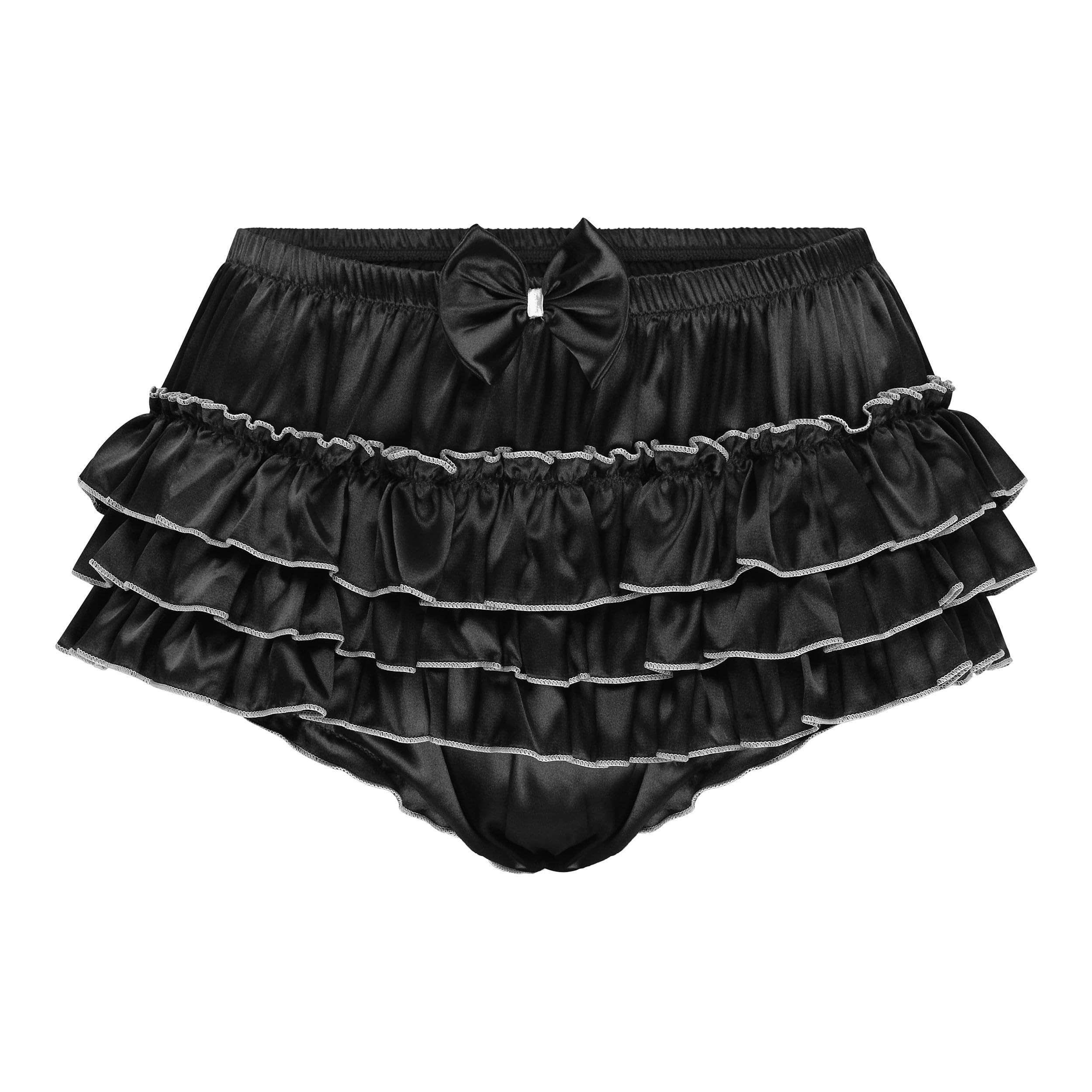 Satini Frilly Sissy Ruffled French Knickers Briefs Lingerie Silky Satin Underwear Panties (Black, M)