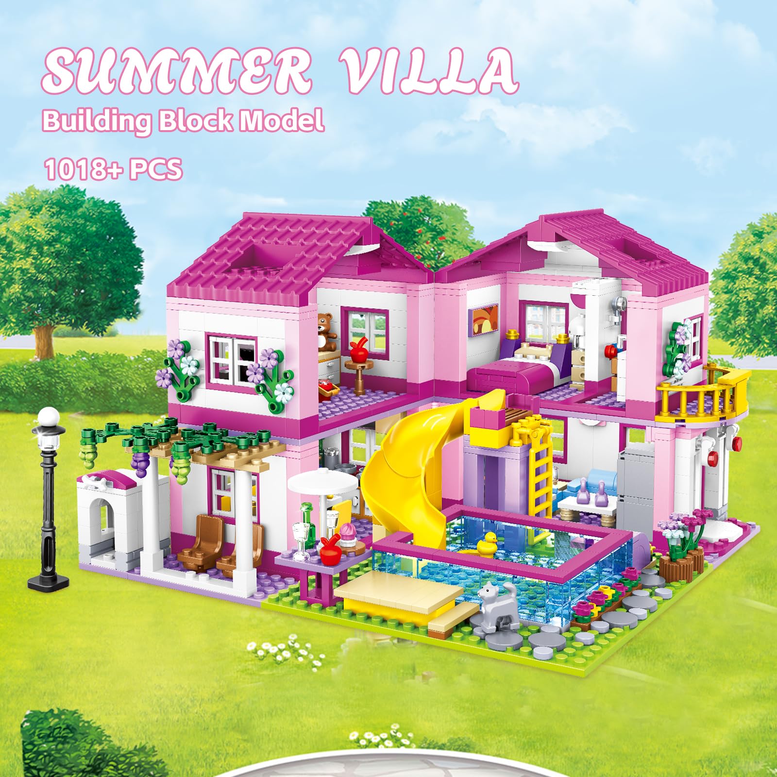 Pink Summer Pool Villa Building Block Set Friends Construction Educational Toy 1018 Pieces Gifts for Girls Teens Kids Adults Ages 6+