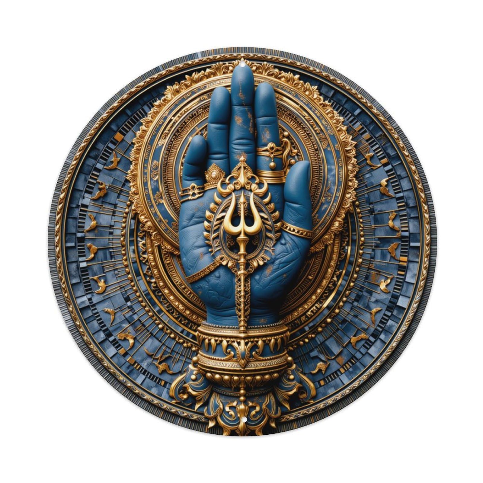 Blue Hand Golden Ornament Circular Design Round Tin Sign Retro Metal Sign for Cafe Bar Pub Home Game Room Gym Club Wall Decoration Vintage Metal Poster 8x8 Inch