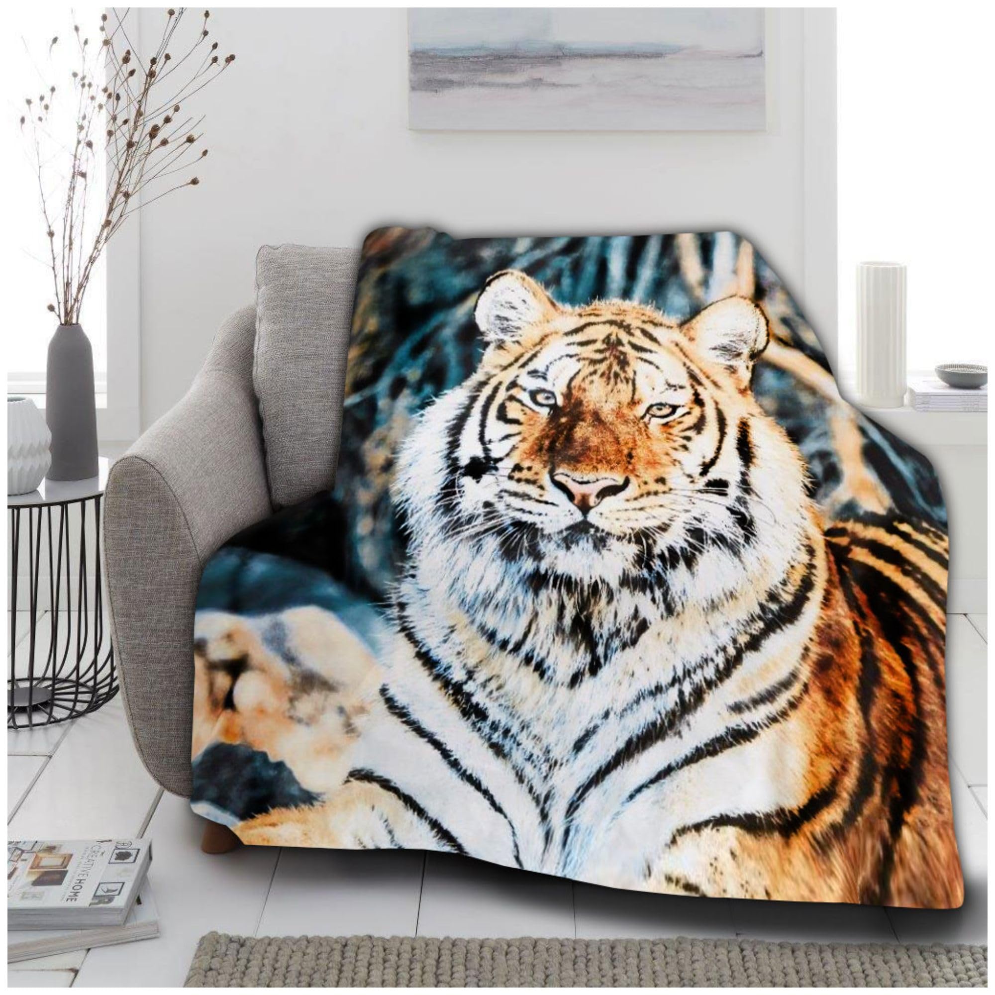 VELVETIO Premium 3D Tiger Fleece Throws, Ultra Soft Animal Print Sofa Couch Blankets, Extra Large Cuddly & Fluffy Blanket For Settee, 150 x 200cm