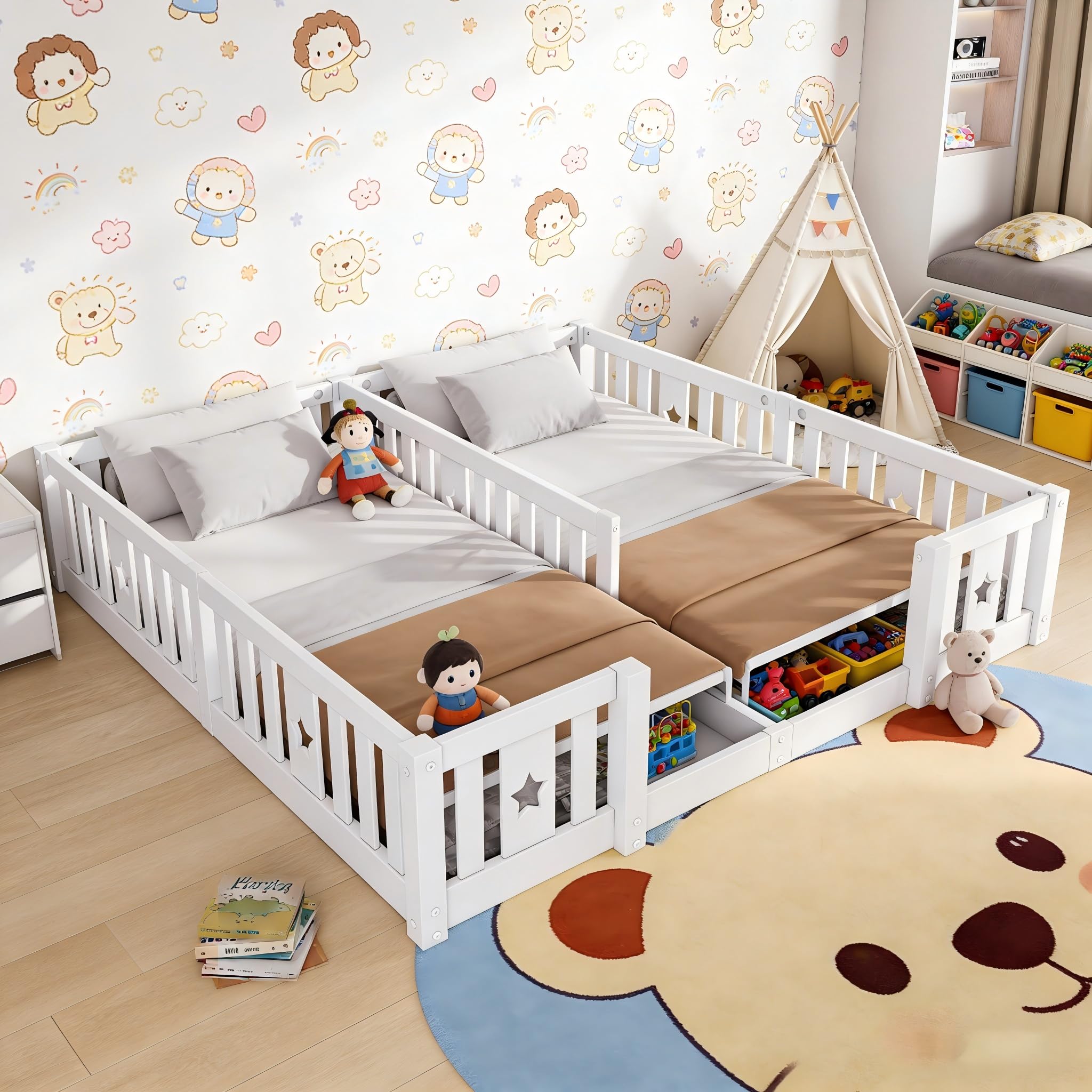 Letto Montessori Doppio 2x90x200 in Legno Massello, Letto Bambini con Sponde di Sicurezza, Letto a Terra per Cameretta, Letto Bambini Montessori, senza Rete a Doghe, Bianco