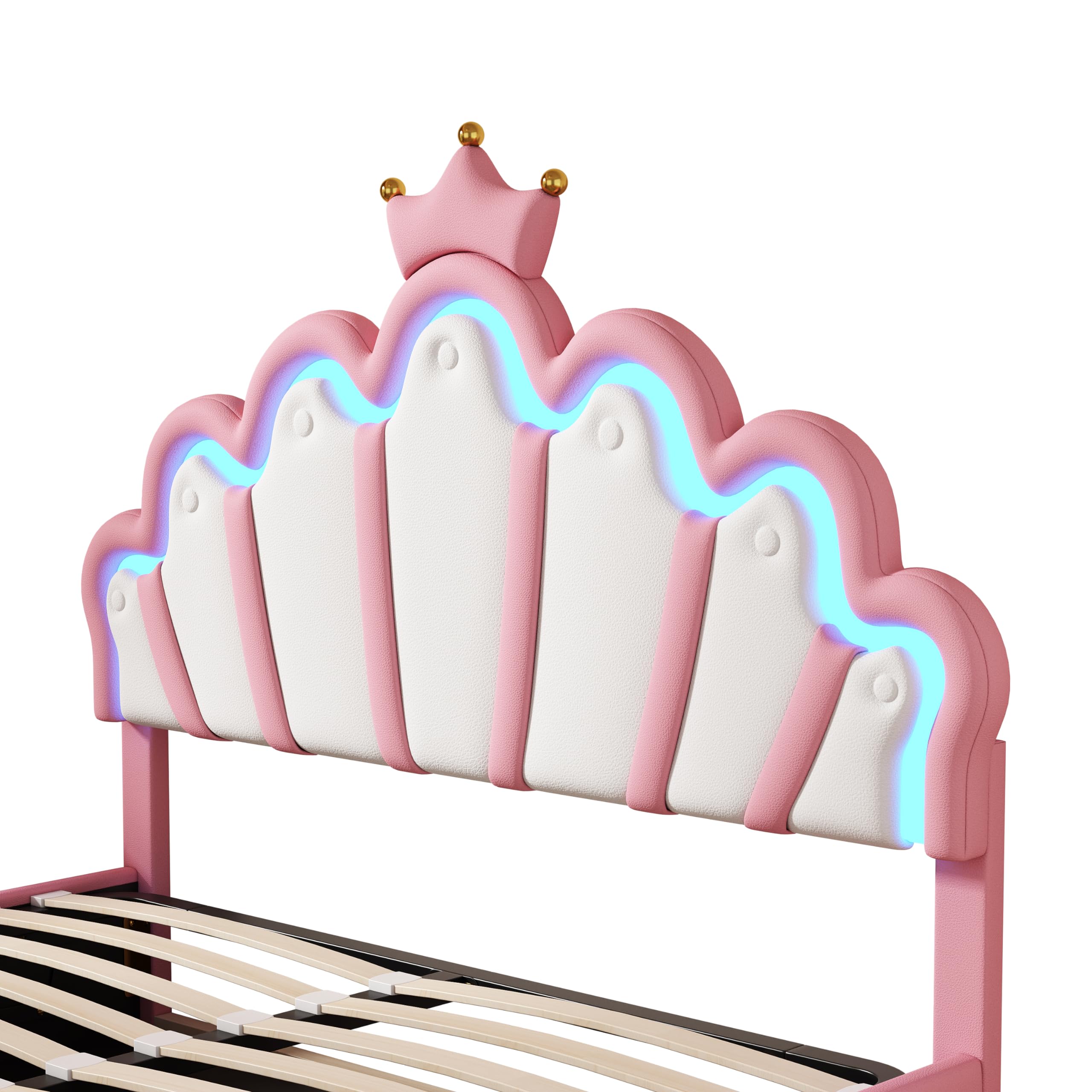 Idemon Cama plana de 140 x 200 cm, cama tapizada, cama de princesa, iluminación ambiental ajustable, tira de corona (rosa)