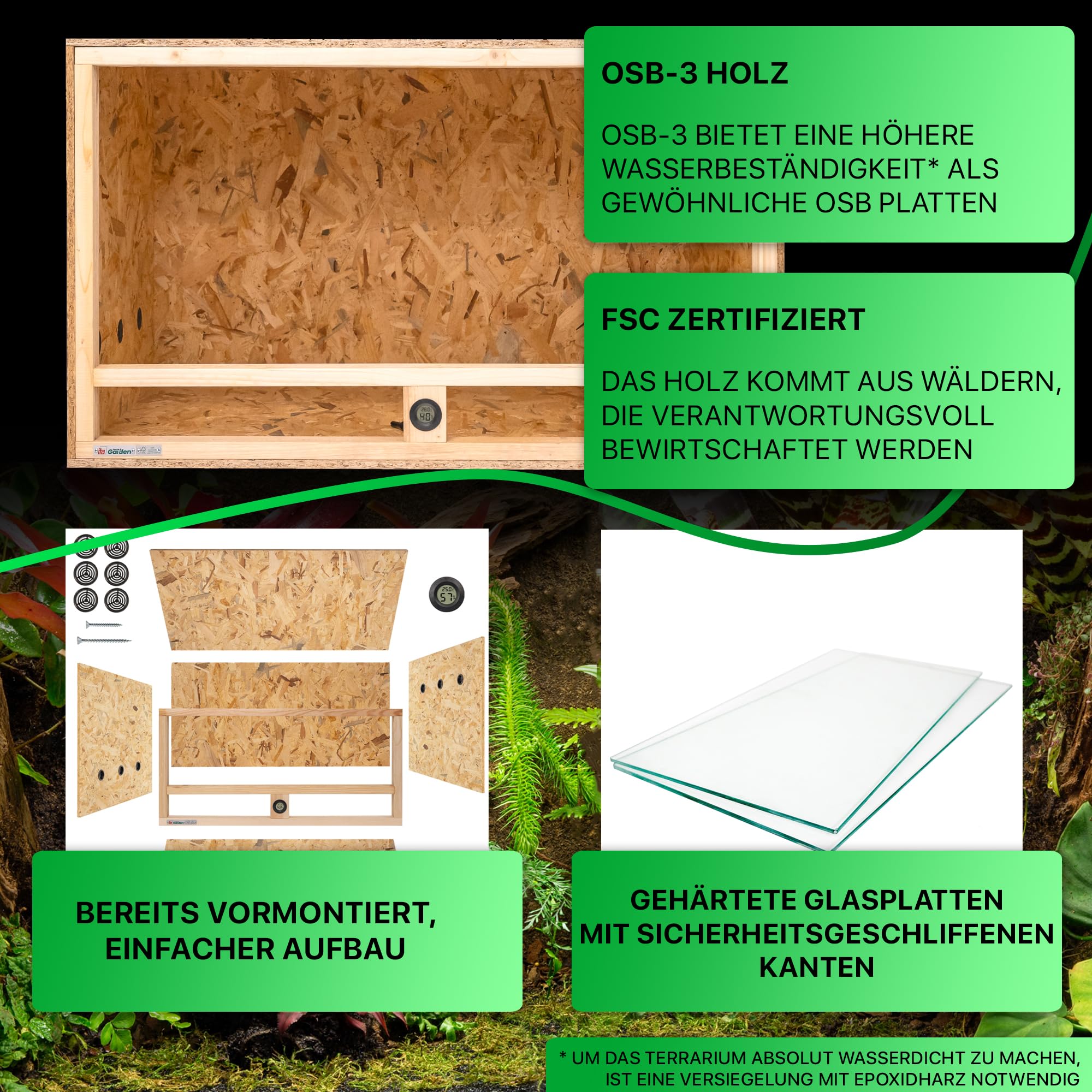 ITA Holz Terrarium 100x60x60 cm mit Seitenbelüftung & Integriertem Hygrometer - Holzterrarium aus OSB-3 Platten - Terrarien für Reptilien, Schlangen, Amphibien - EU Produkt, FSC Zertifiziert