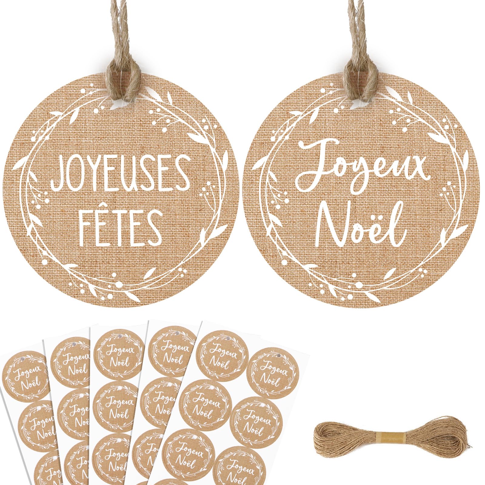 50 Étiquettes Cadeaux Ronde Joyeux Noël avec Ficelle - Décoration Festive