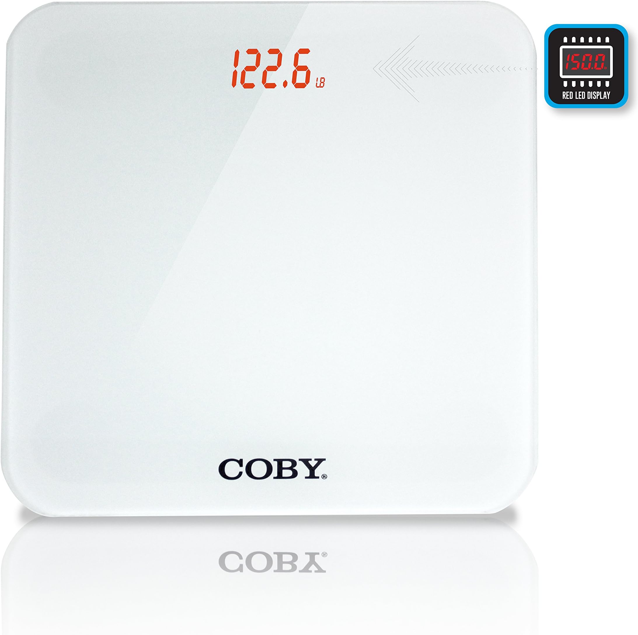 Coby Digital Glass Body Weight Bathroom Scale with Step-On Technology, Bright Red LED DOT Display, 400 Pounds, Ultra Slim Modern Design, Winter White